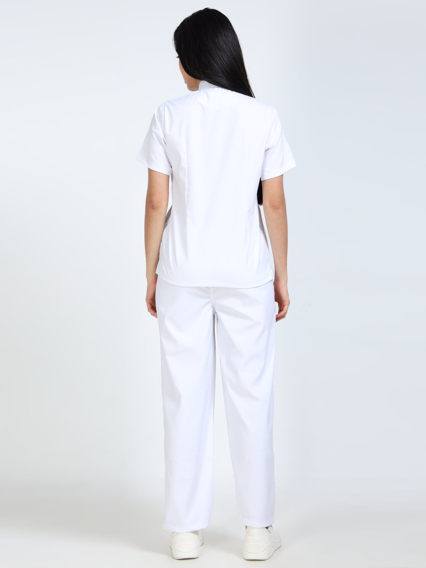 Women’s Snow White Medical Scrub Set – Mandarin Collar (Chinese Collar) Top & Straight Pants | Twill Fabric, Breathable & Easy-Care – Eco Flex