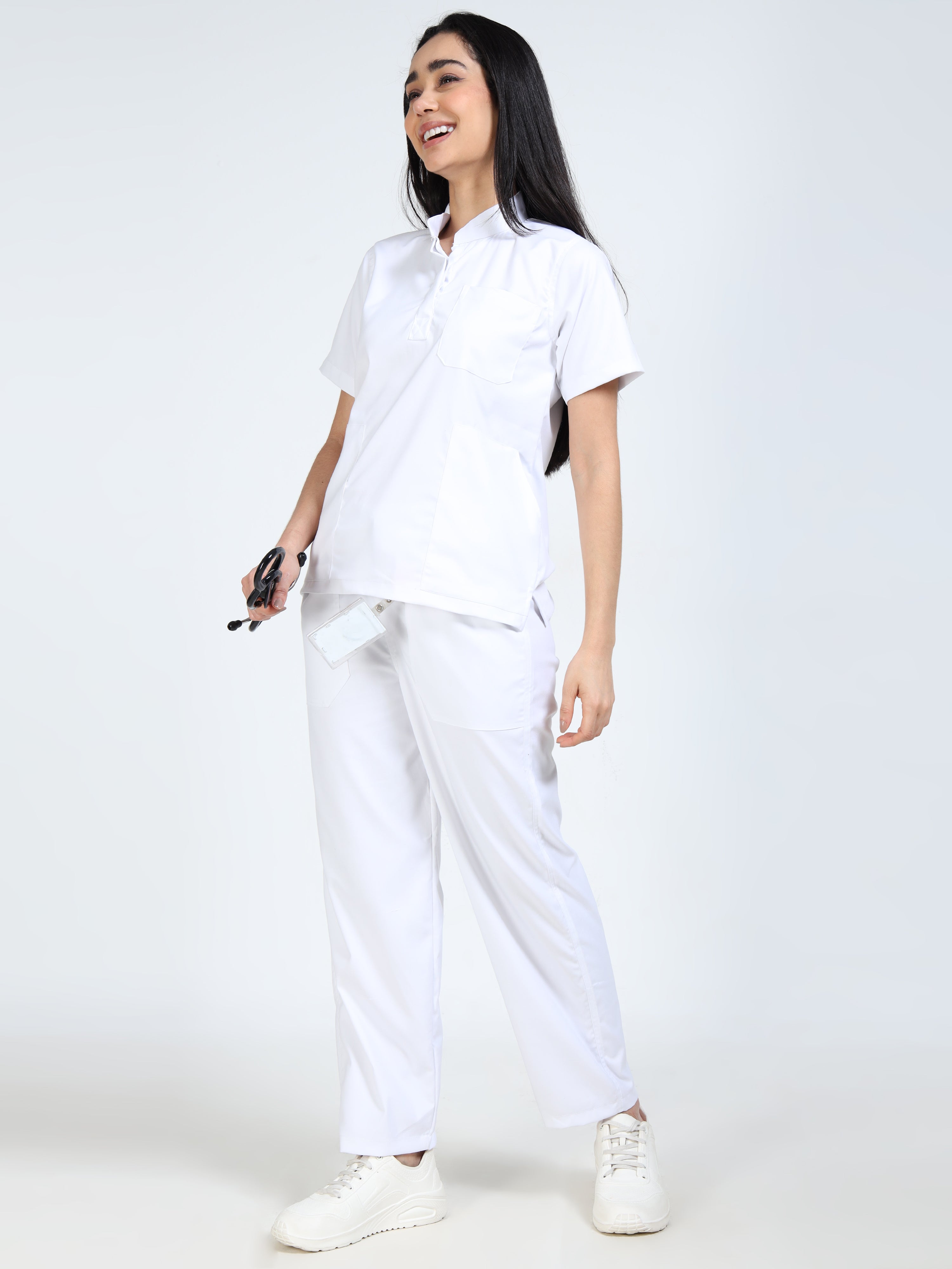 Women’s Snow White Medical Scrub Set – Mandarin Collar (Chinese Collar) Top & Straight Pants | Twill Fabric, Breathable & Easy-Care – Eco Flex
