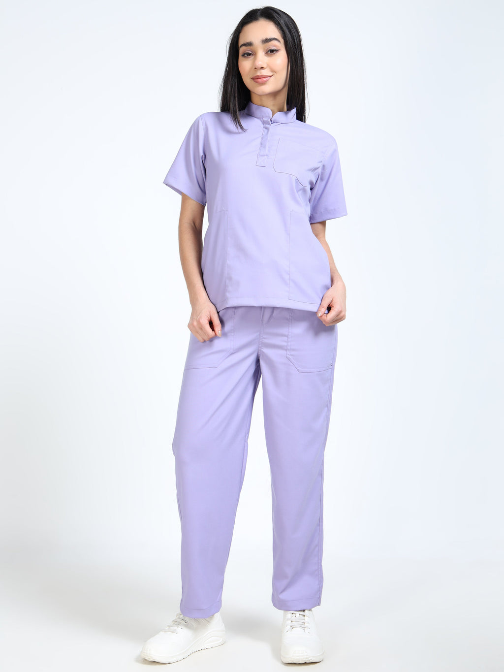 Women’s Pastel Lilac Medical Scrub Set – Mandarin Collar (Chinese Collar) Top & Straight Pants | Twill Fabric, Antibacterial & Soft Comfort – Eco Flex