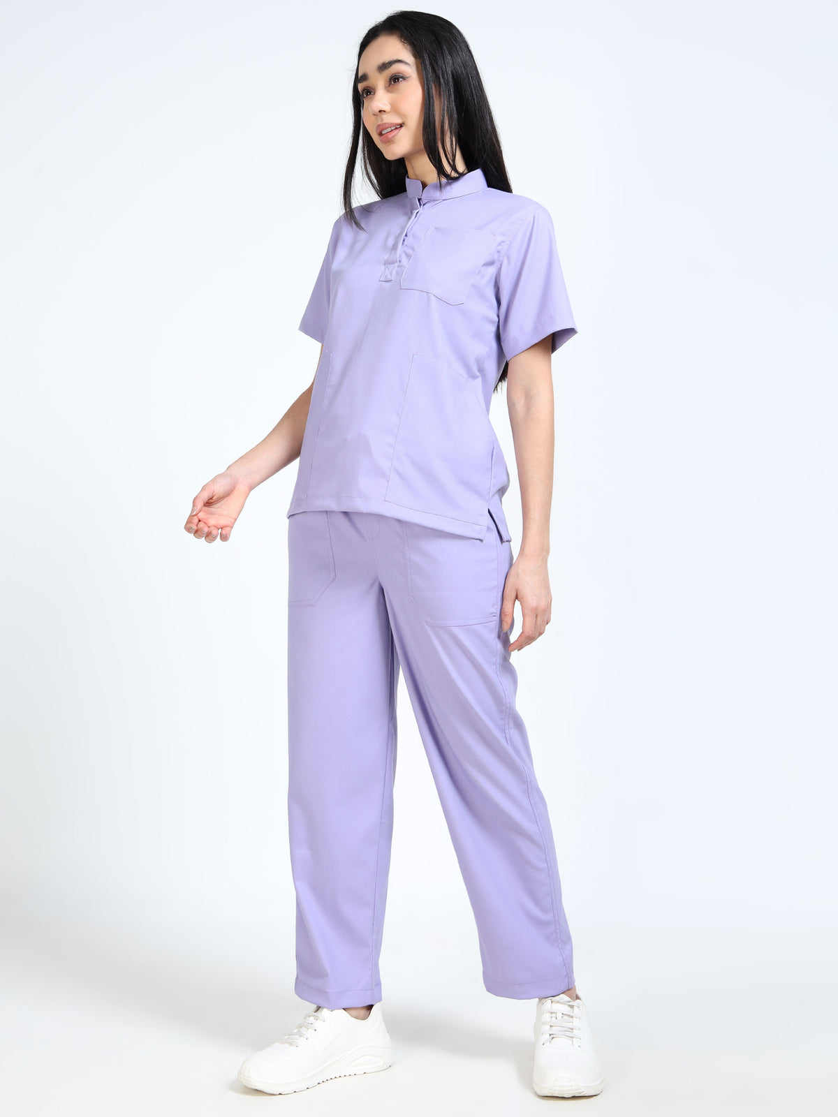 Women’s Pastel Lilac Medical Scrub Set – Mandarin Collar (Chinese Collar) Top & Straight Pants | Twill Fabric, Antibacterial & Soft Comfort – Eco Flex