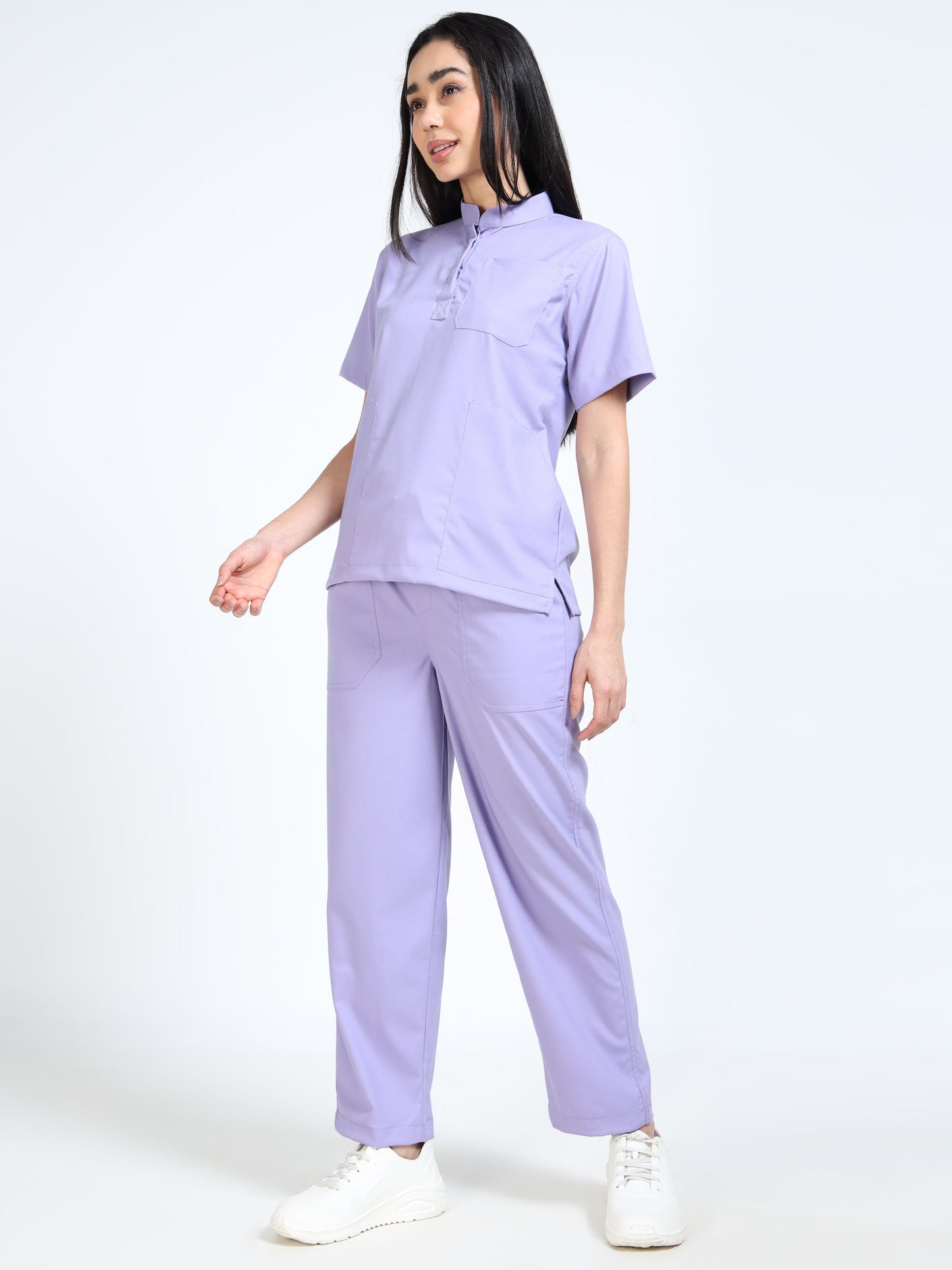 Women’s Pastel Lilac Medical Scrub Set – Mandarin Collar (Chinese Collar) Top & Straight Pants | 2-Way Stretch, Antibacterial & Soft Comfort Fabric – Apollo