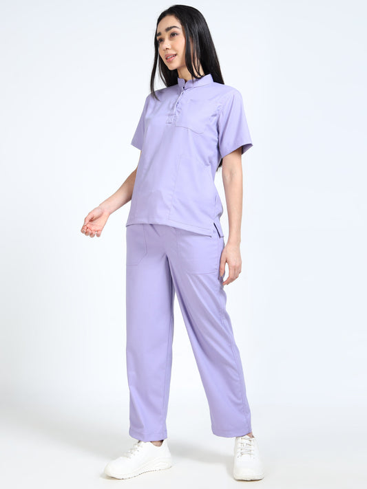 Women’s Pastel Lilac Medical Scrub Set – Mandarin Collar (Chinese Collar) Top & Straight Pants | 2-Way Stretch, Antibacterial & Soft Comfort Fabric – Apollo