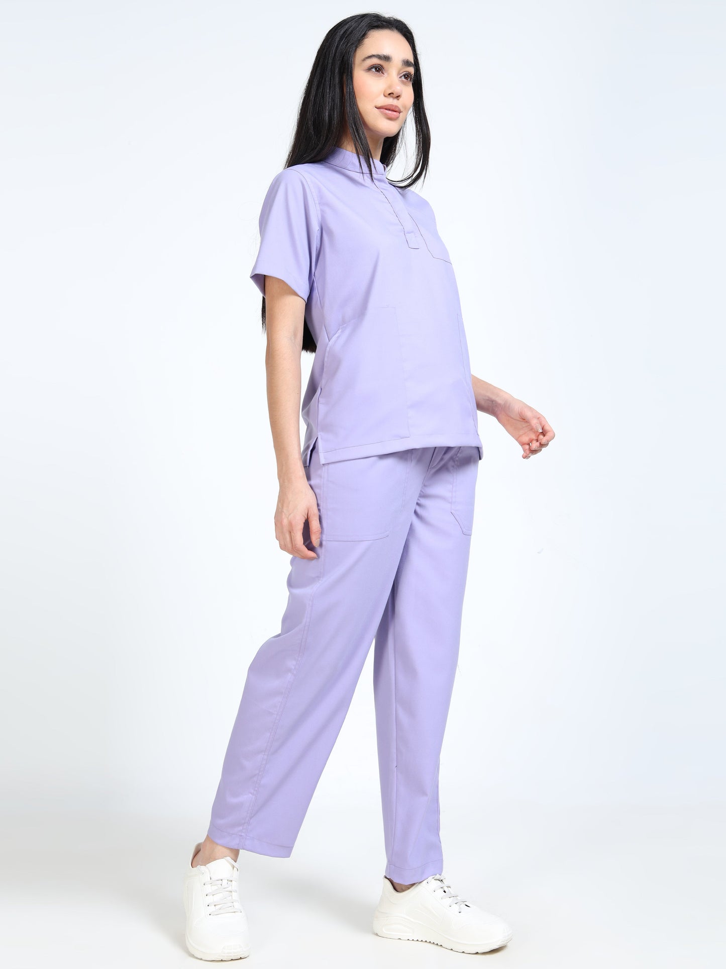 Women’s Pastel Lilac Medical Scrub Set – Mandarin Collar (Chinese Collar) Top & Straight Pants | Twill Fabric, Antibacterial & Soft Comfort – Eco Flex