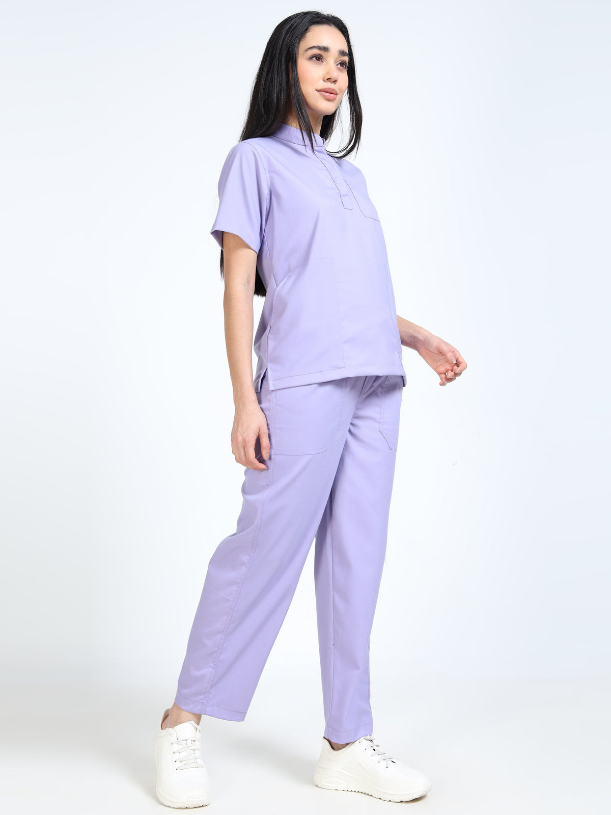 Women’s Pastel Lilac Medical Scrub Set – Mandarin Collar (Chinese Collar) Top & Straight Pants | Twill Fabric, Antibacterial & Soft Comfort – Eco Flex