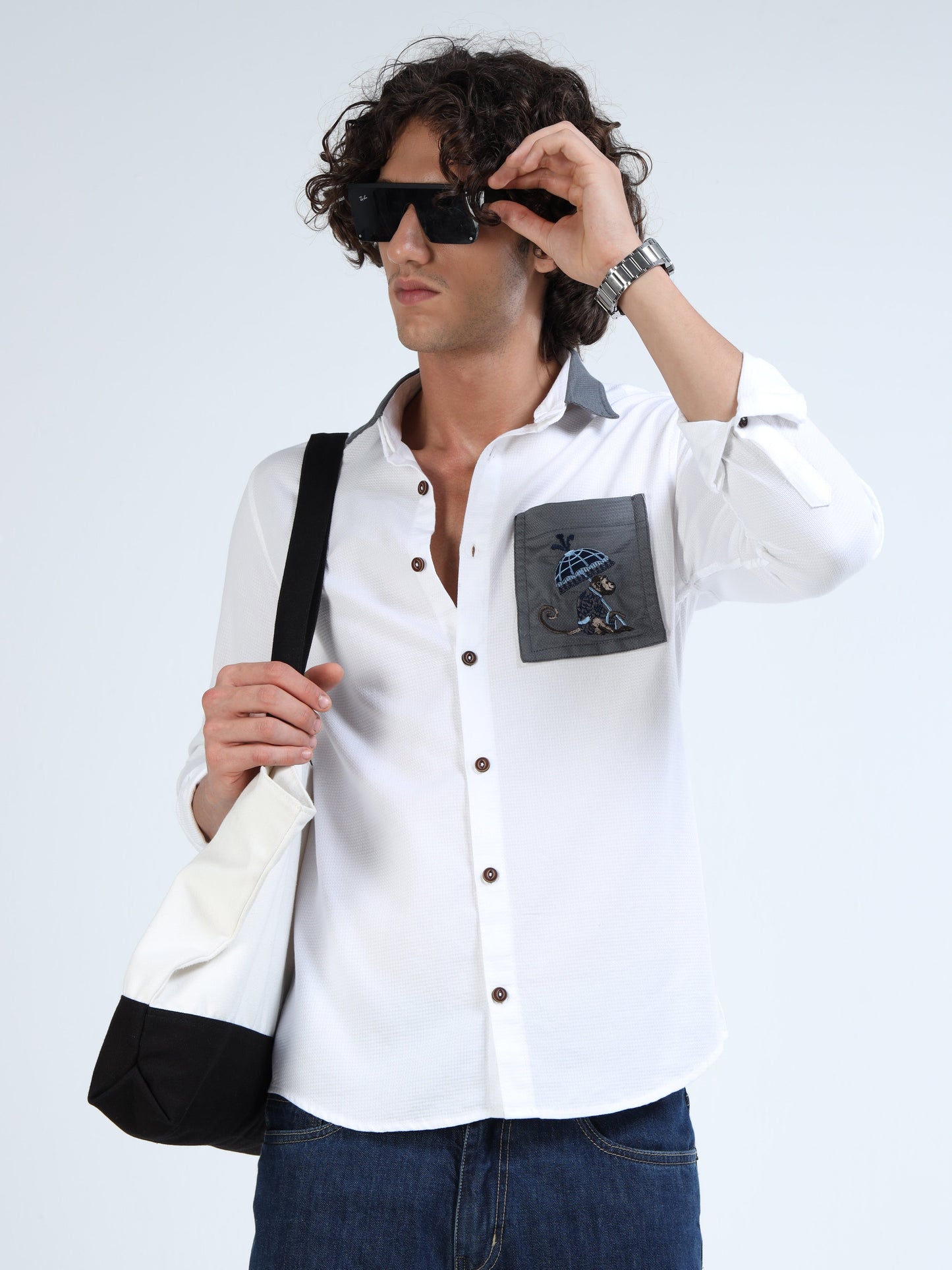 Men’s White Cotton Shirt with Grey Embroidered Pocket and Switchable Collar