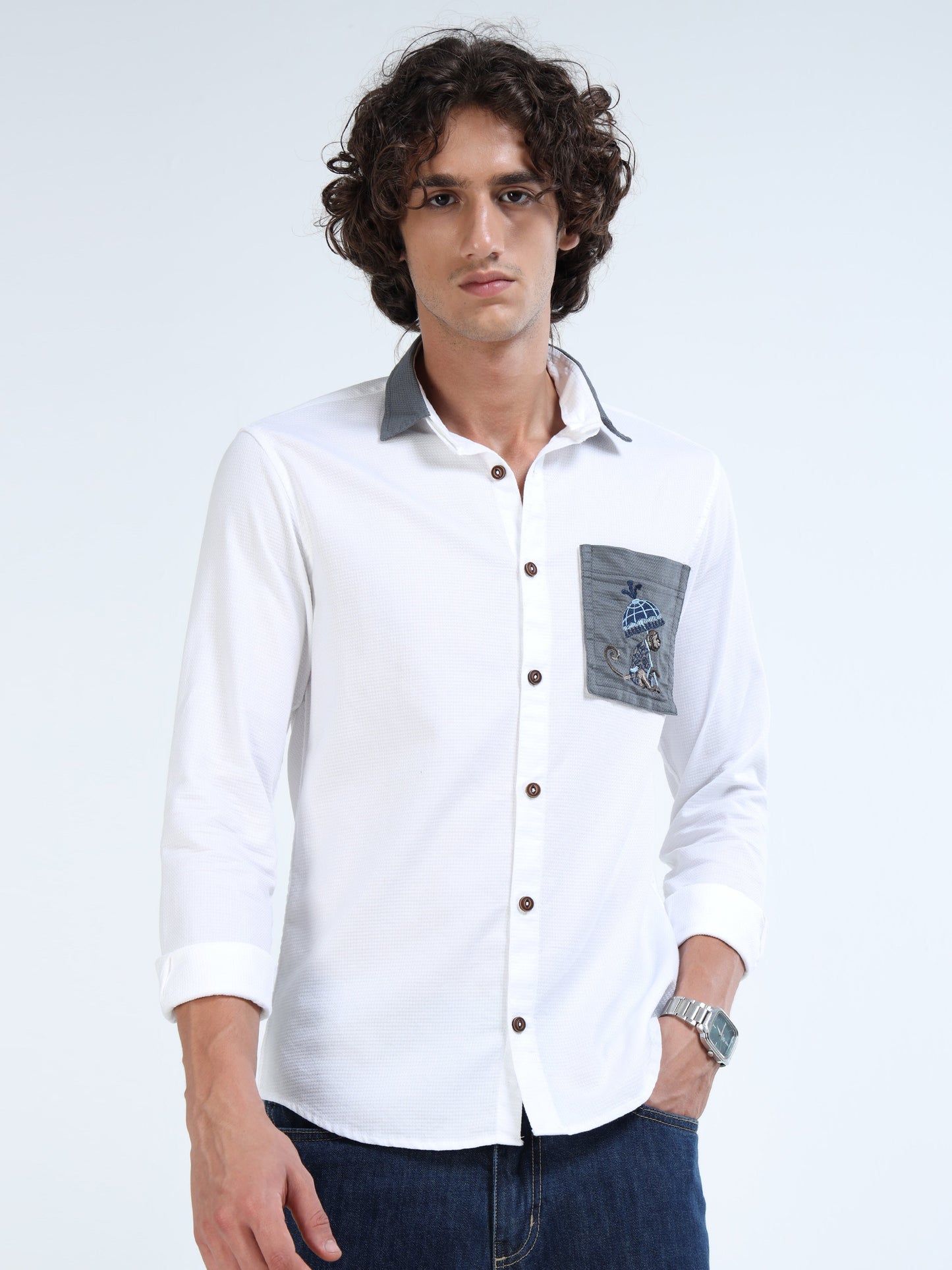 Men’s White Cotton Shirt with Grey Embroidered Pocket and Switchable Collar