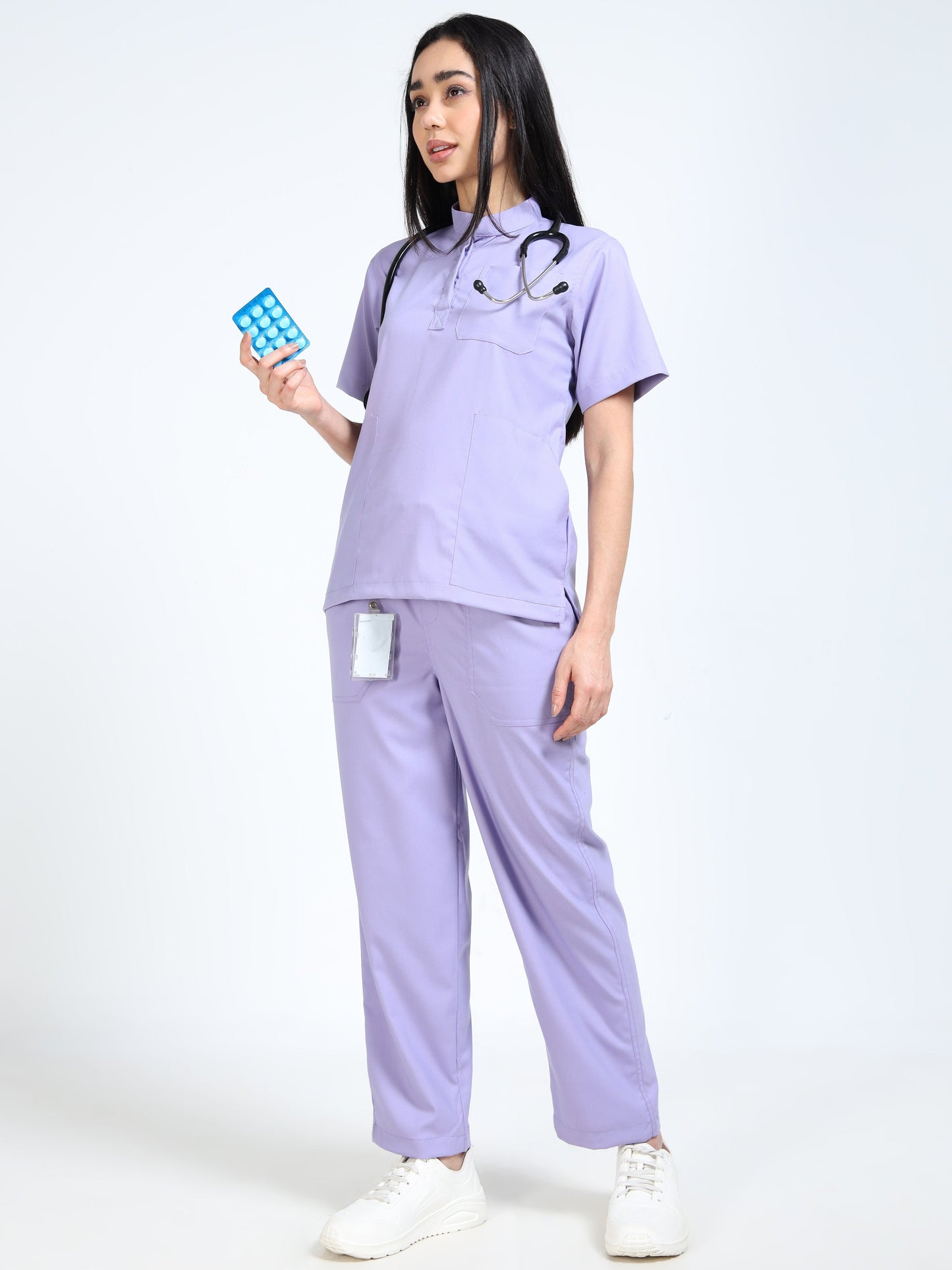Women’s Pastel Lilac Medical Scrub Set – Mandarin Collar (Chinese Collar) Top & Straight Pants | Twill Fabric, Antibacterial & Soft Comfort – Eco Flex