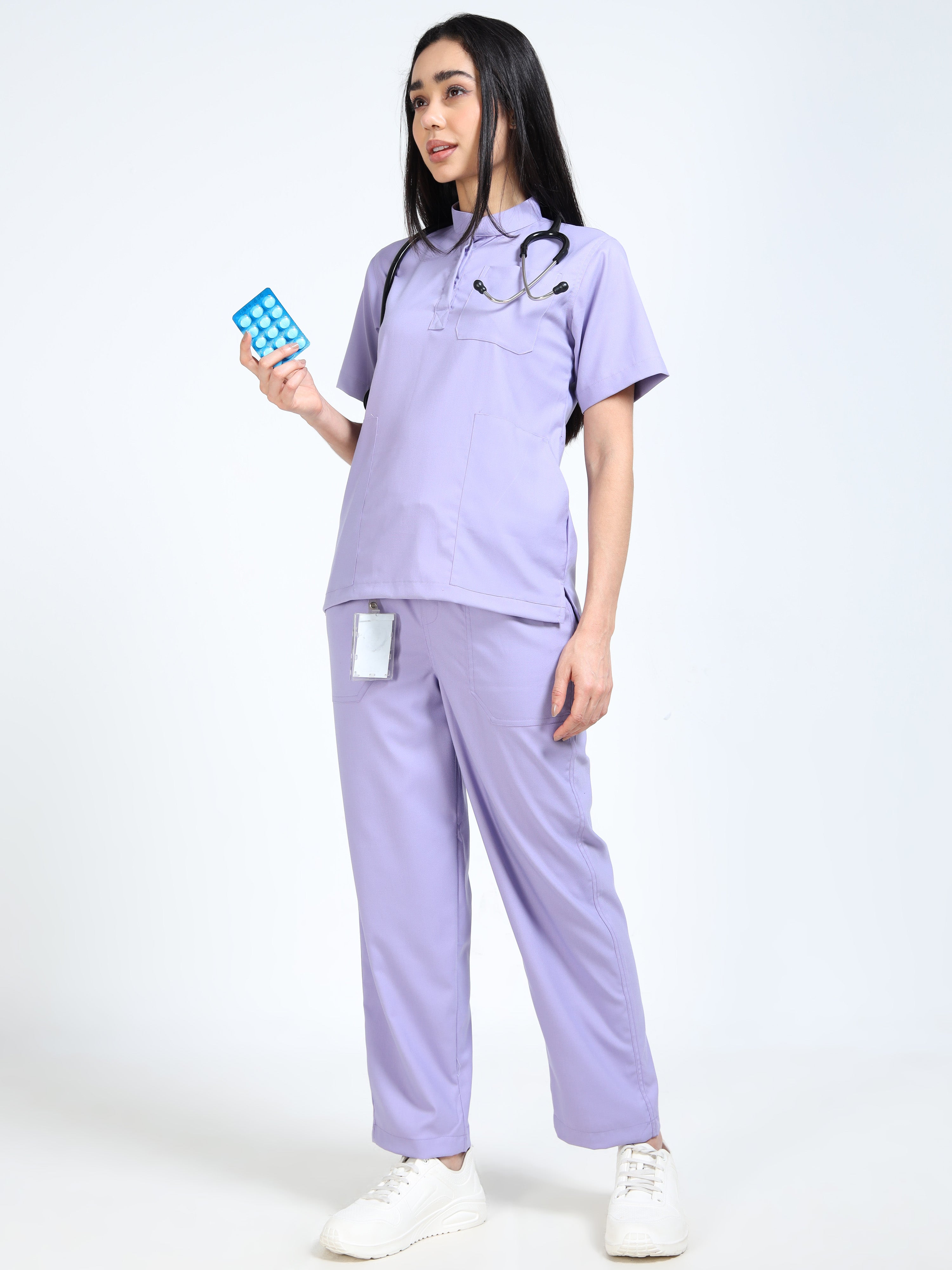 Women’s Pastel Lilac Medical Scrub Set – Mandarin Collar (Chinese Collar) Top & Straight Pants | 2-Way Stretch, Antibacterial & Soft Comfort Fabric – Apollo