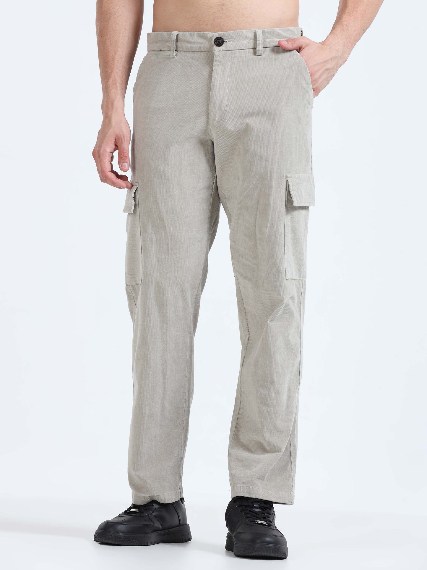 Soft Corduroy Light Grey Relaxed Cargo Pant