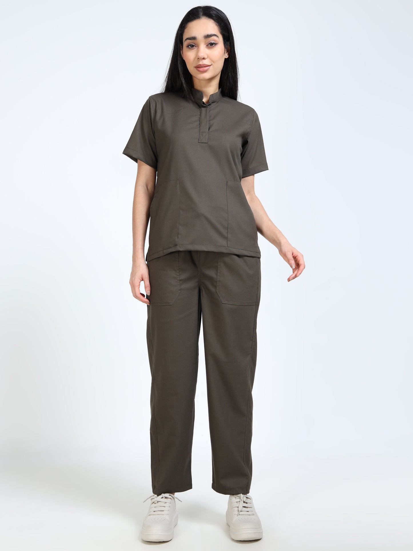 Women’s Olive Medical Scrub Set – Mandarin Collar (Chinese Collar) Top & Straight Pants | 2-Way Stretch, Durable & Antibacterial Fabric – Apollo