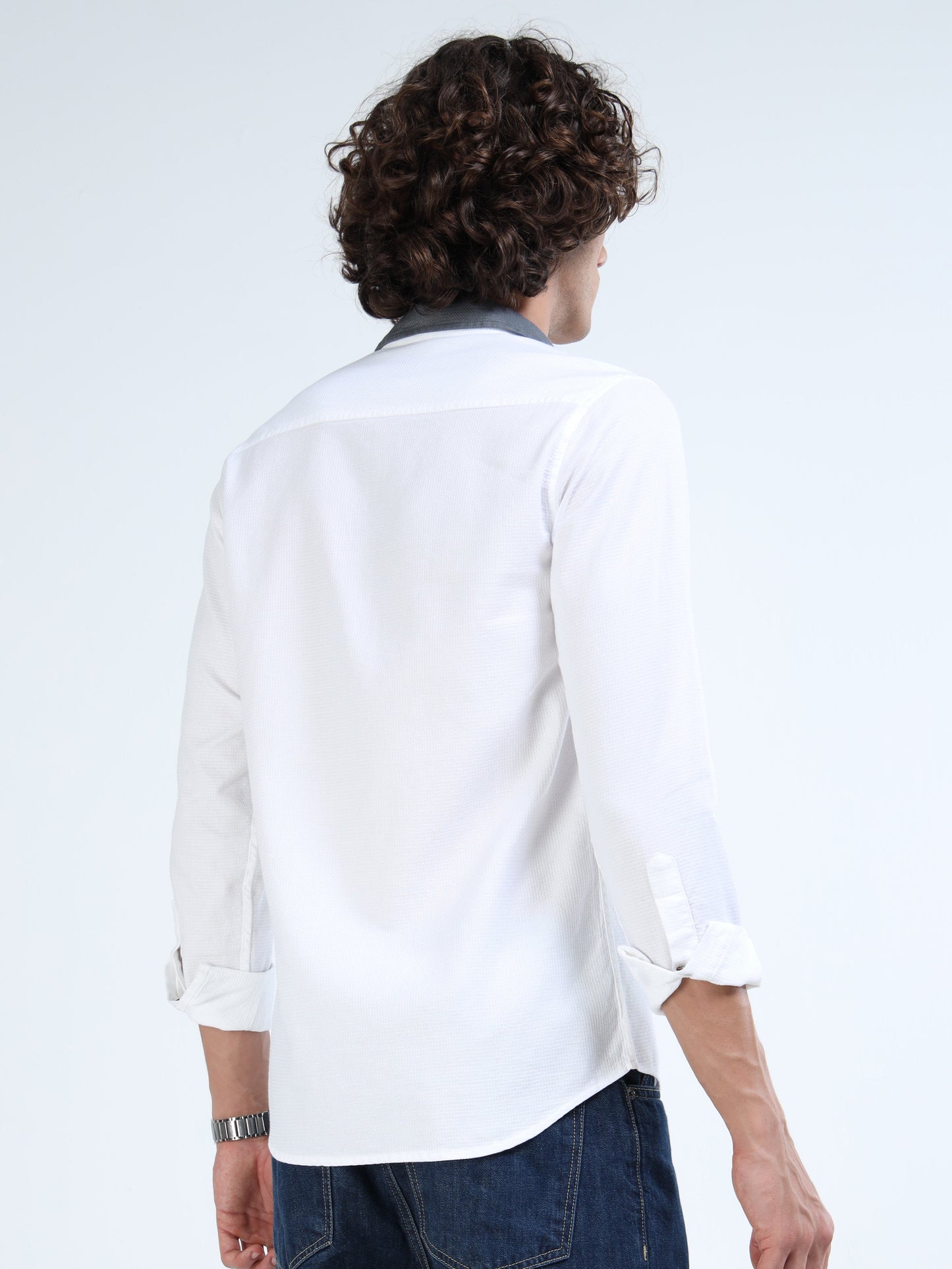 Men’s White Cotton Shirt with Grey Embroidered Pocket and Switchable Collar