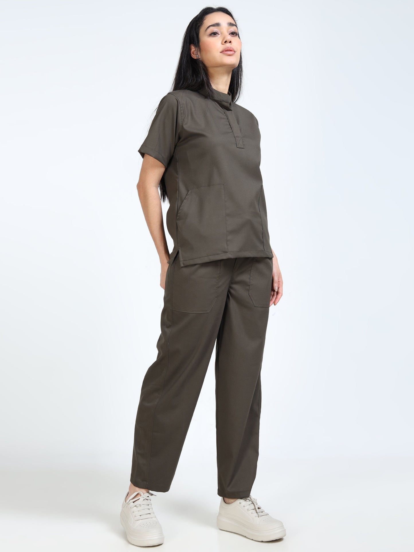 Women’s Olive Medical Scrub Set – Mandarin Collar (Chinese Collar) Top & Straight Pants | Twill Fabric, Durable & Antibacterial – Eco Flex