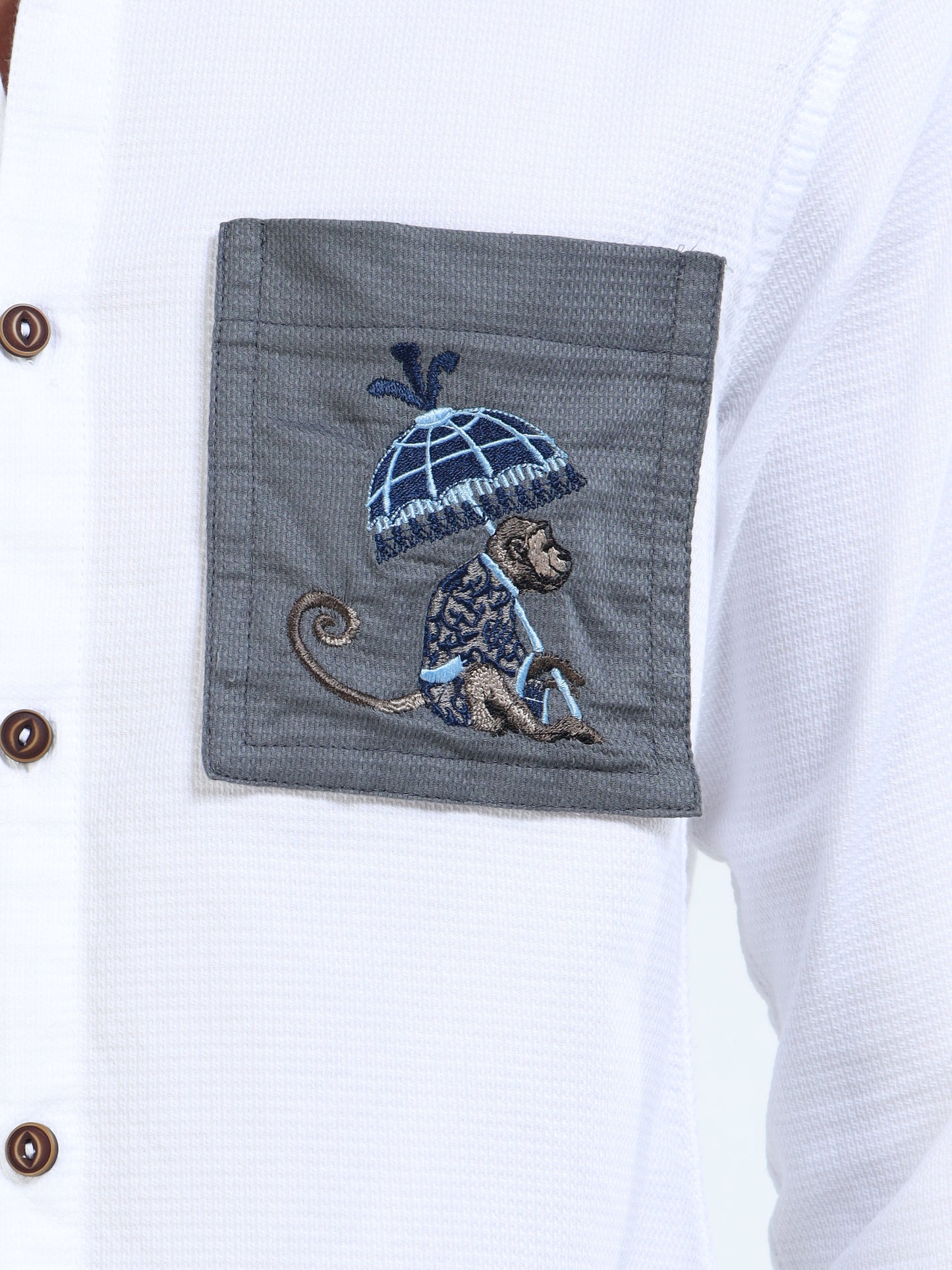 Men’s White Cotton Shirt with Grey Embroidered Pocket and Switchable Collar