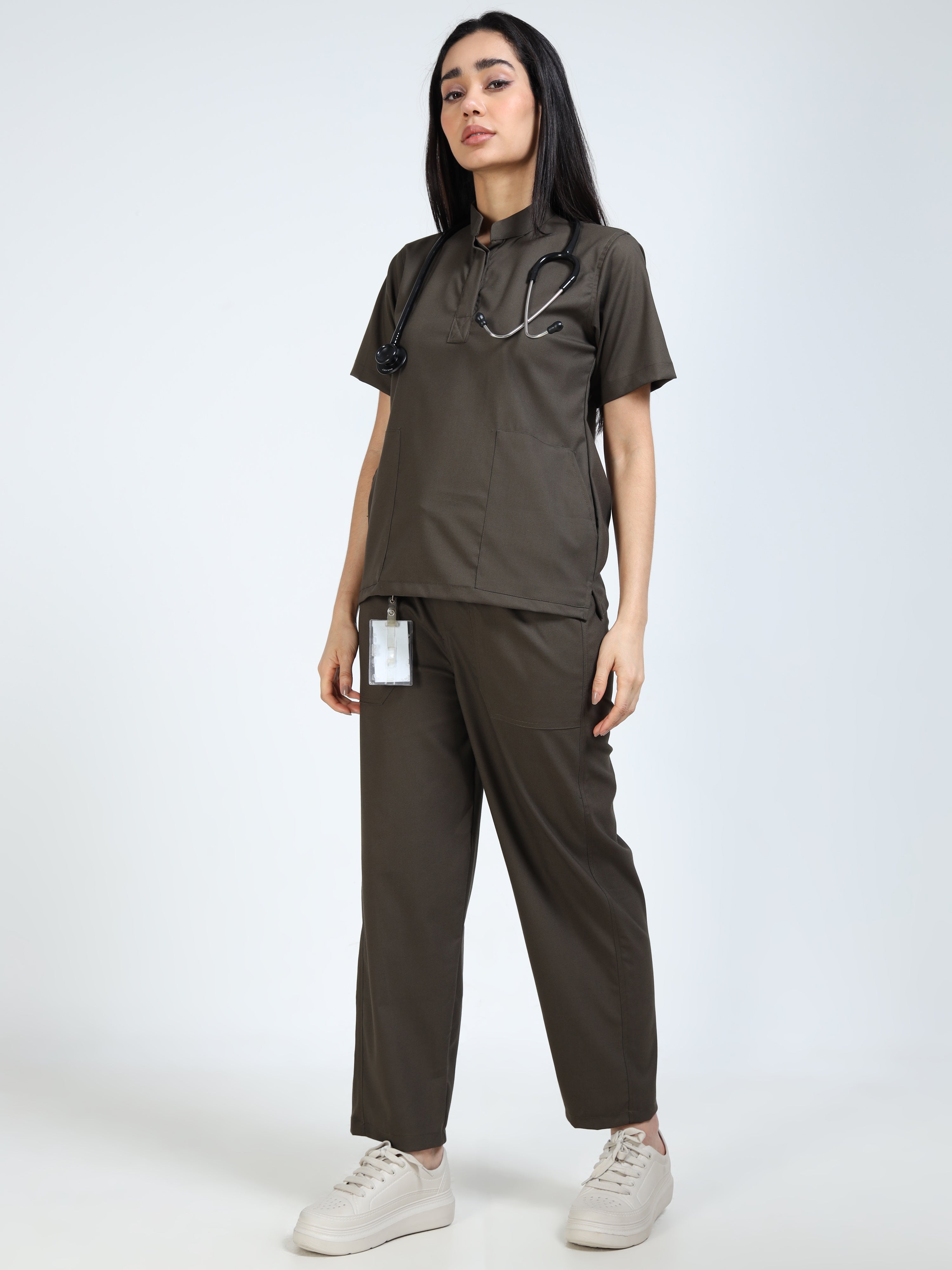 Women’s Olive Medical Scrub Set – Mandarin Collar (Chinese Collar) Top & Straight Pants | 2-Way Stretch, Durable & Antibacterial Fabric – Apollo