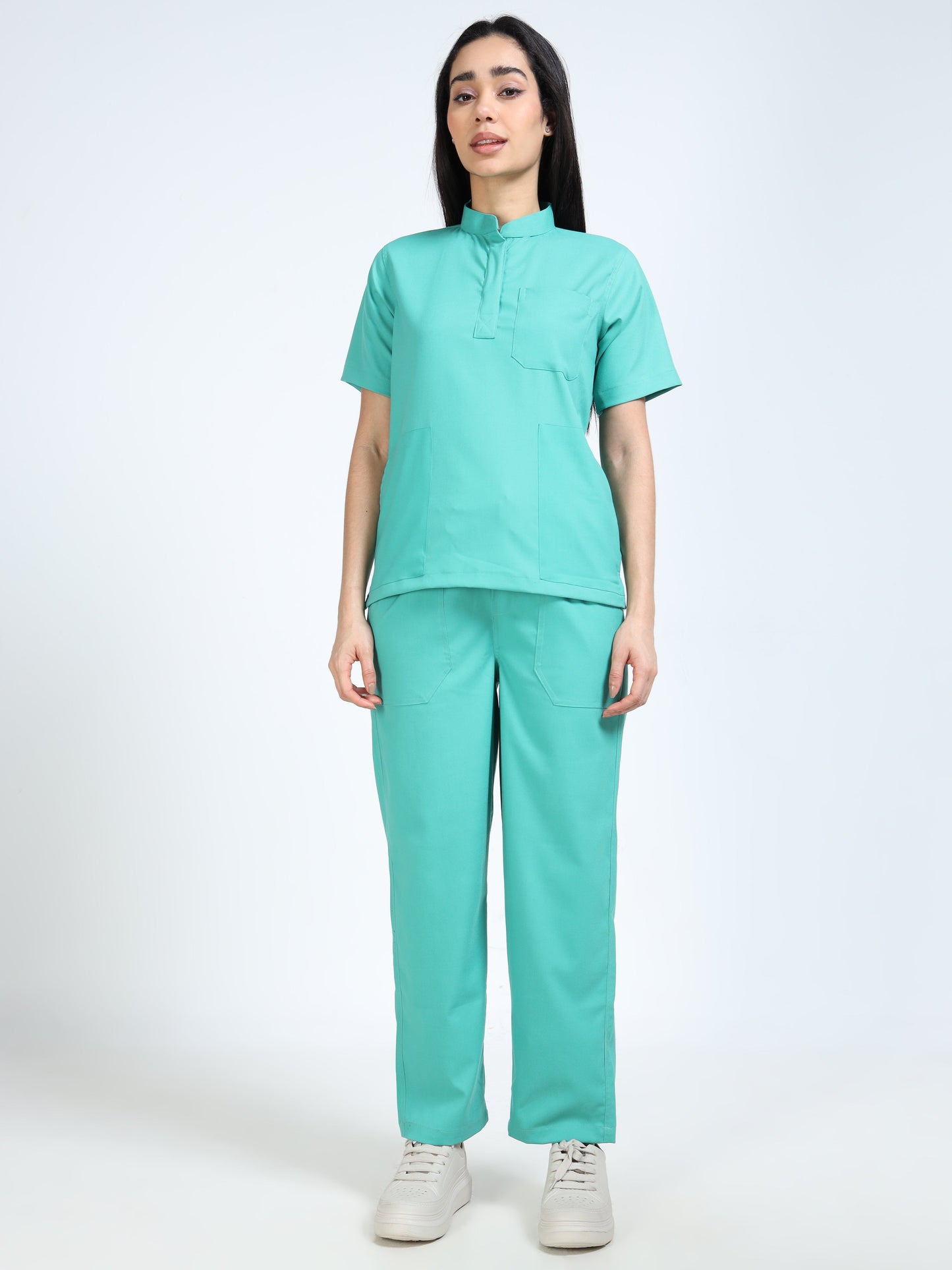 Women’s Sea Green Medical Scrub Set – Mandarin Collar (Chinese Collar) Top & Straight Pants | Twill Fabric, Breathable & Antibacterial – Eco Flex