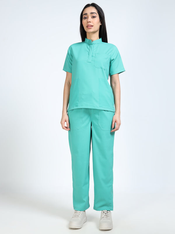 Women’s Sea Green Medical Scrub Set – Mandarin Collar (Chinese Collar) Top & Straight Pants | Twill Fabric, Breathable & Antibacterial – Eco Flex