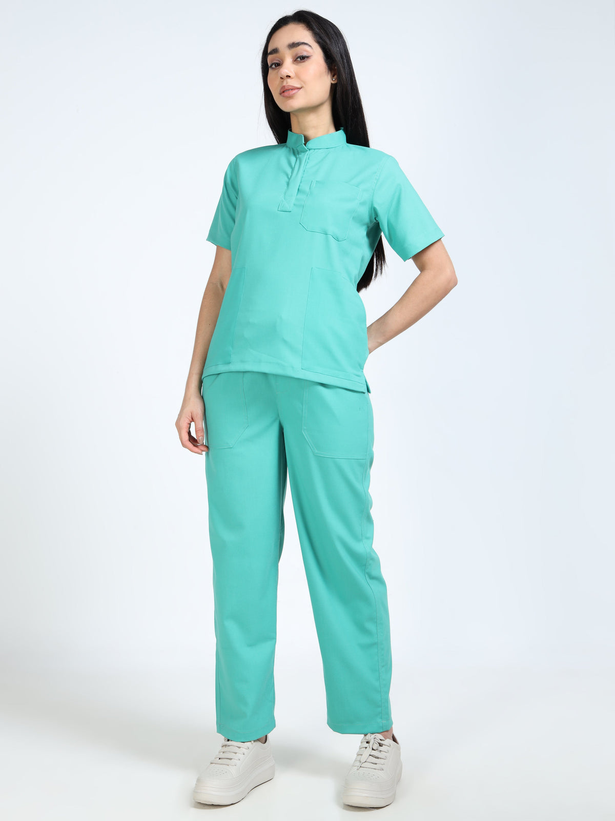 Women’s Sea Green Medical Scrub Set – Mandarin Collar (Chinese Collar) Top & Straight Pants | Twill Fabric, Breathable & Antibacterial – Eco Flex