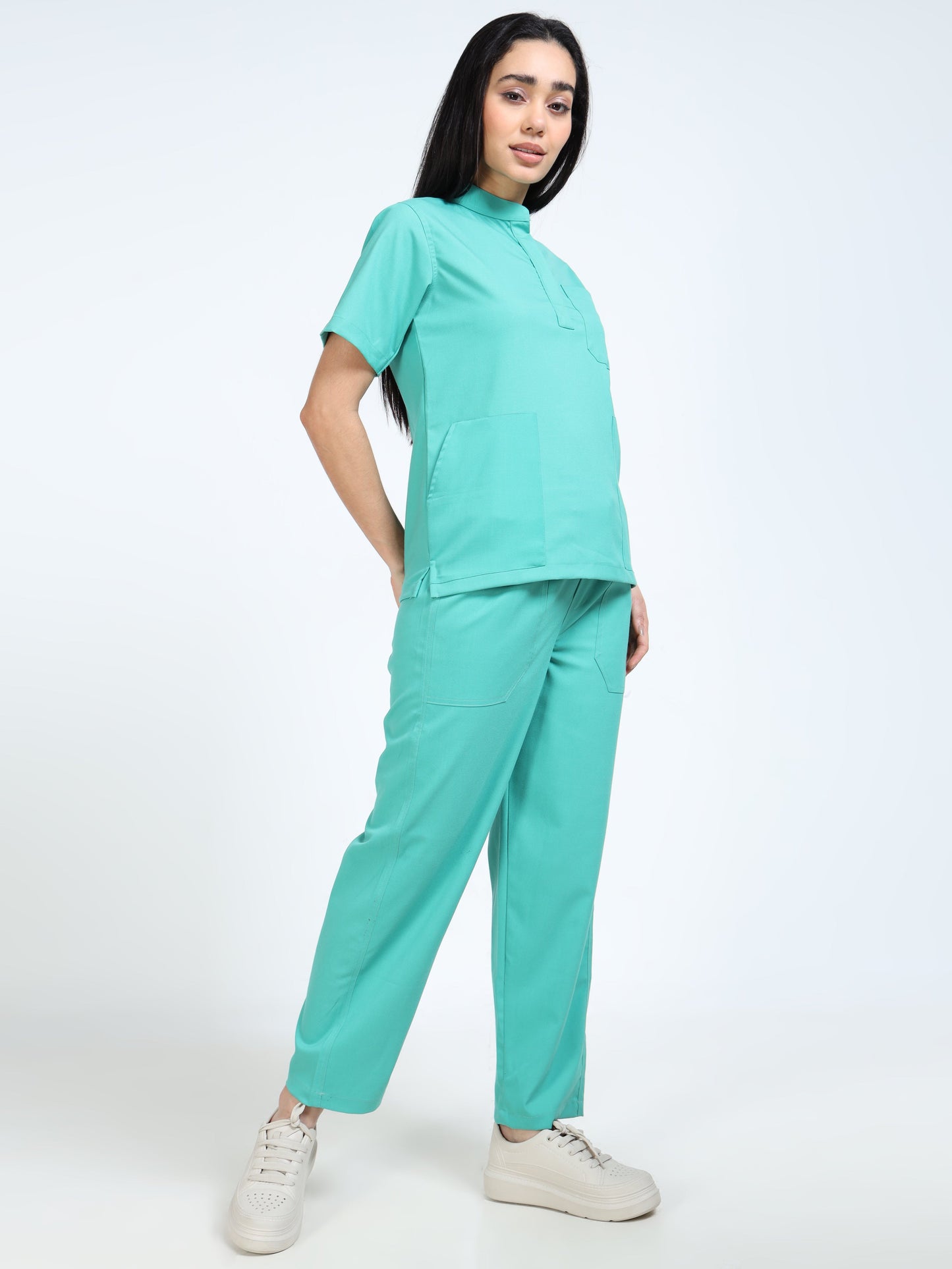 Women’s Sea Green Medical Scrub Set – Mandarin Collar (Chinese Collar) Top & Straight Pants | Twill Fabric, Breathable & Antibacterial – Eco Flex