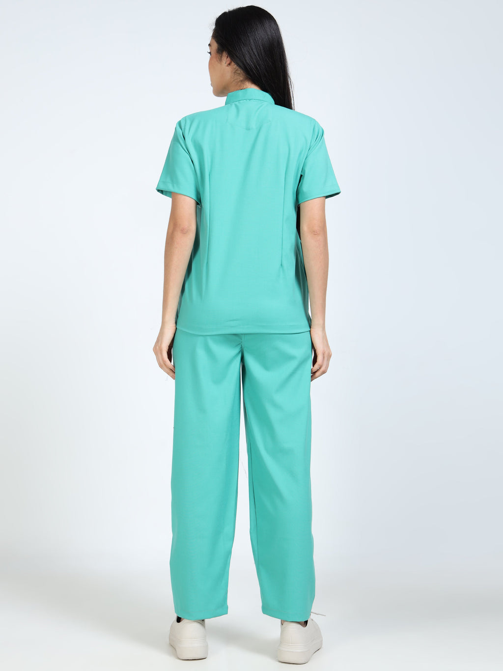 Women’s Sea Green Medical Scrub Set – Mandarin Collar (Chinese Collar) Top & Straight Pants | Twill Fabric, Breathable & Antibacterial – Eco Flex