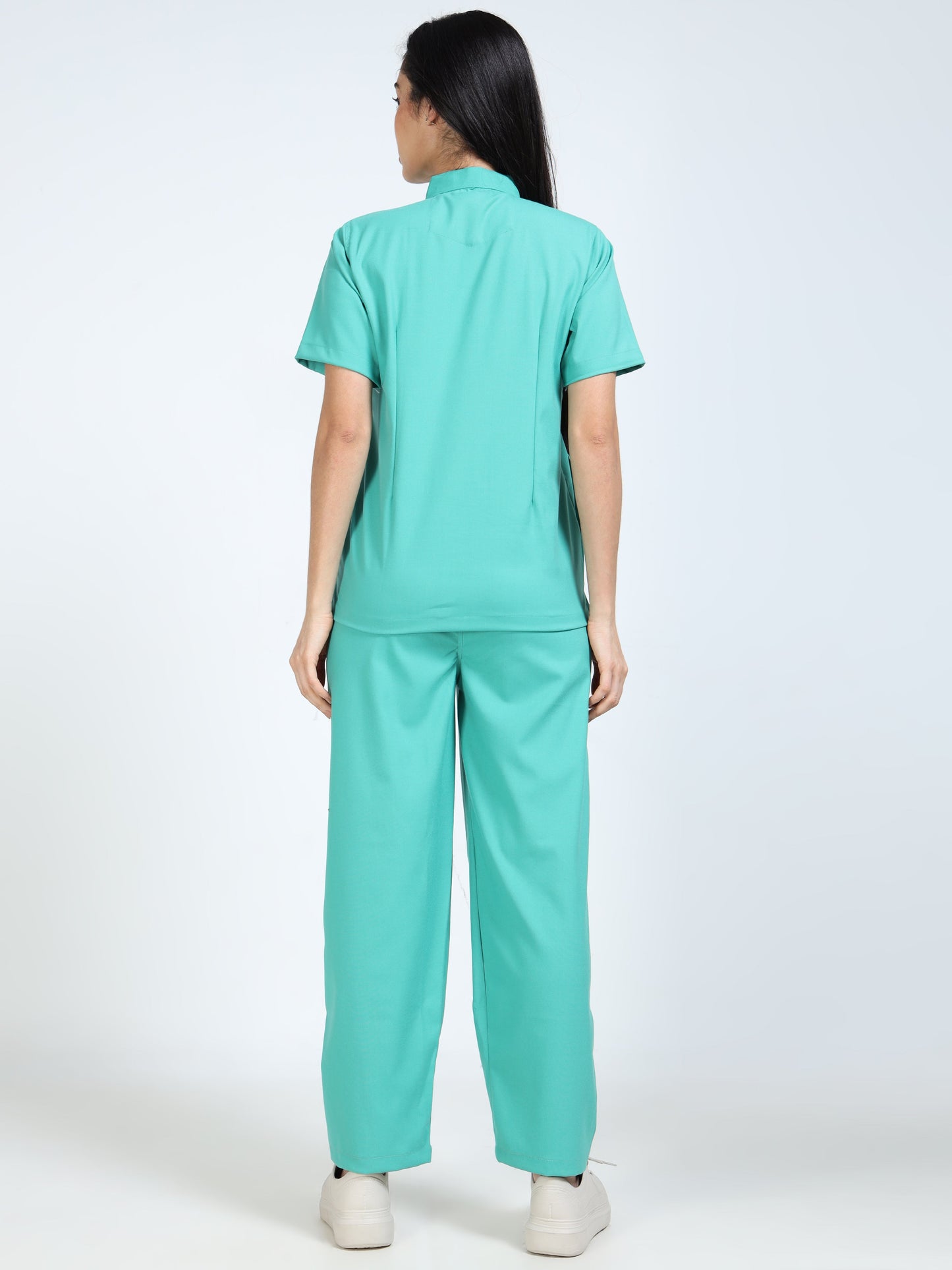 Women’s Sea Green Medical Scrub Set – Mandarin Collar (Chinese Collar) Top & Straight Pants | Twill Fabric, Breathable & Antibacterial – Eco Flex