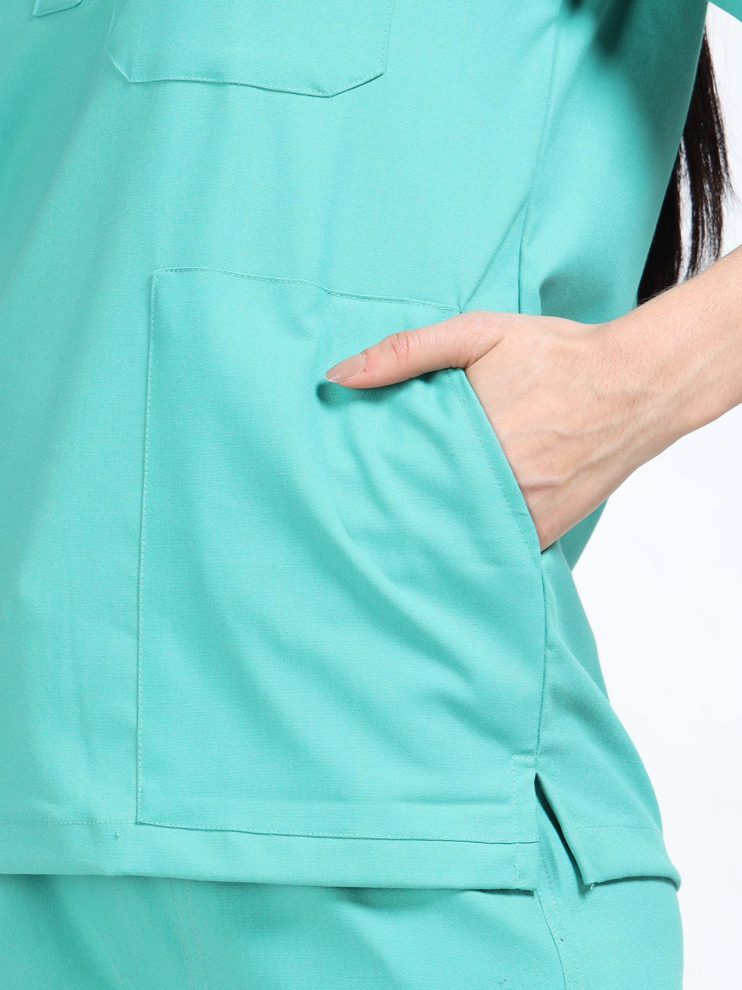 Women’s Sea Green Medical Scrub Set – Mandarin Collar (Chinese Collar) Top & Straight Pants | Twill Fabric, Breathable & Antibacterial – Eco Flex