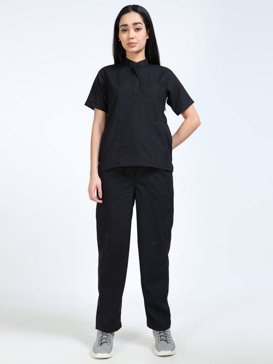 Women’s Black Knight Medical Scrub Set – Mandarin Collar (Chinese Collar) Top & Straight Pants | 2-Way Stretch, Antibacterial & Durable Fabric – Apollo
