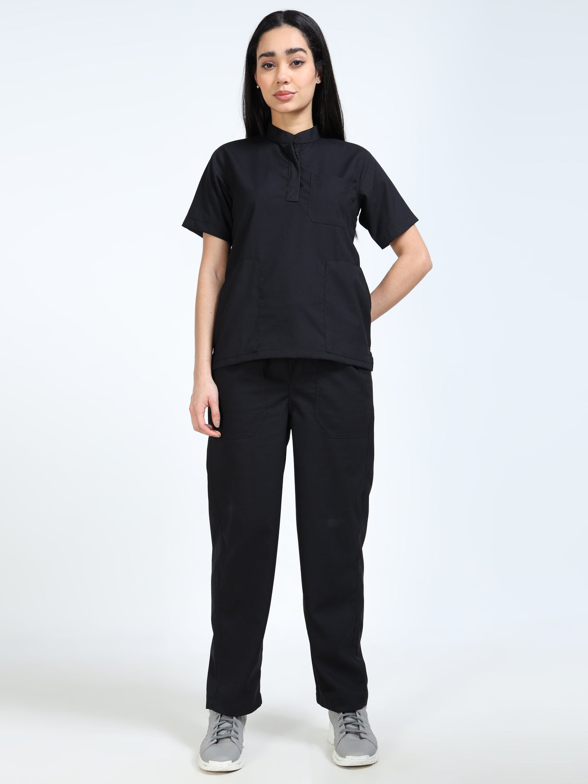 Women’s Black Knight Medical Scrub Set – Mandarin Collar (Chinese Collar) Top & Straight Pants | Twill Fabric, Antibacterial & Durable – Eco Flex