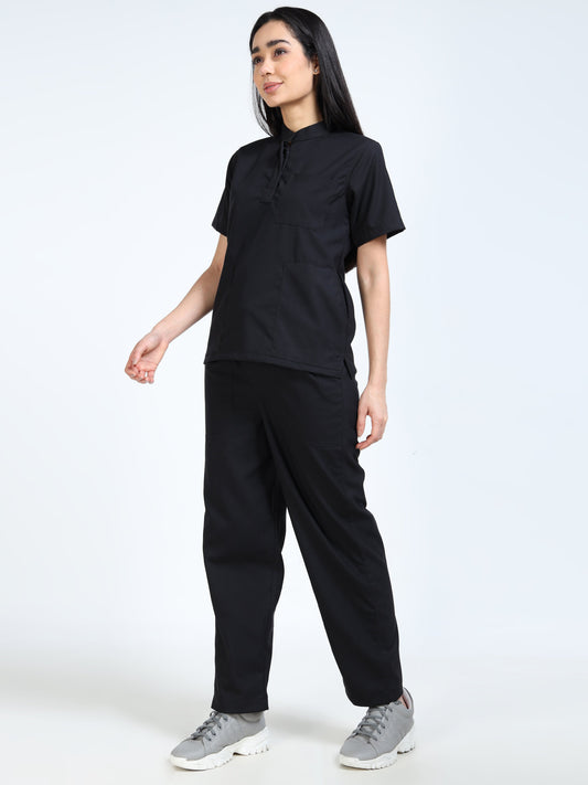 Women’s Black Knight Medical Scrub Set – Mandarin Collar (Chinese Collar) Top & Straight Pants | Twill Fabric, Antibacterial & Durable – Eco Flex
