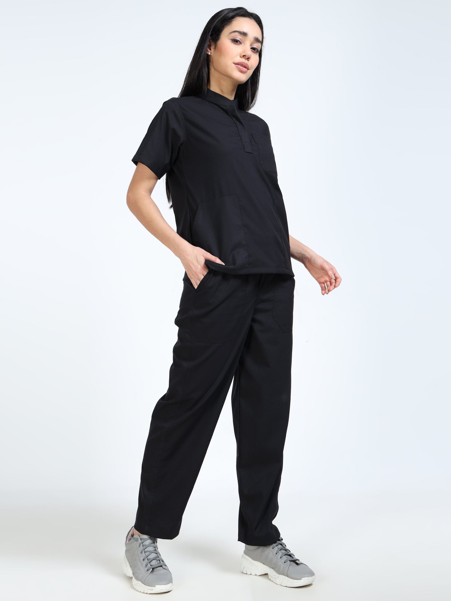 Women’s Black Knight Medical Scrub Set – Mandarin Collar (Chinese Collar) Top & Straight Pants | 2-Way Stretch, Antibacterial & Durable Fabric – Apollo