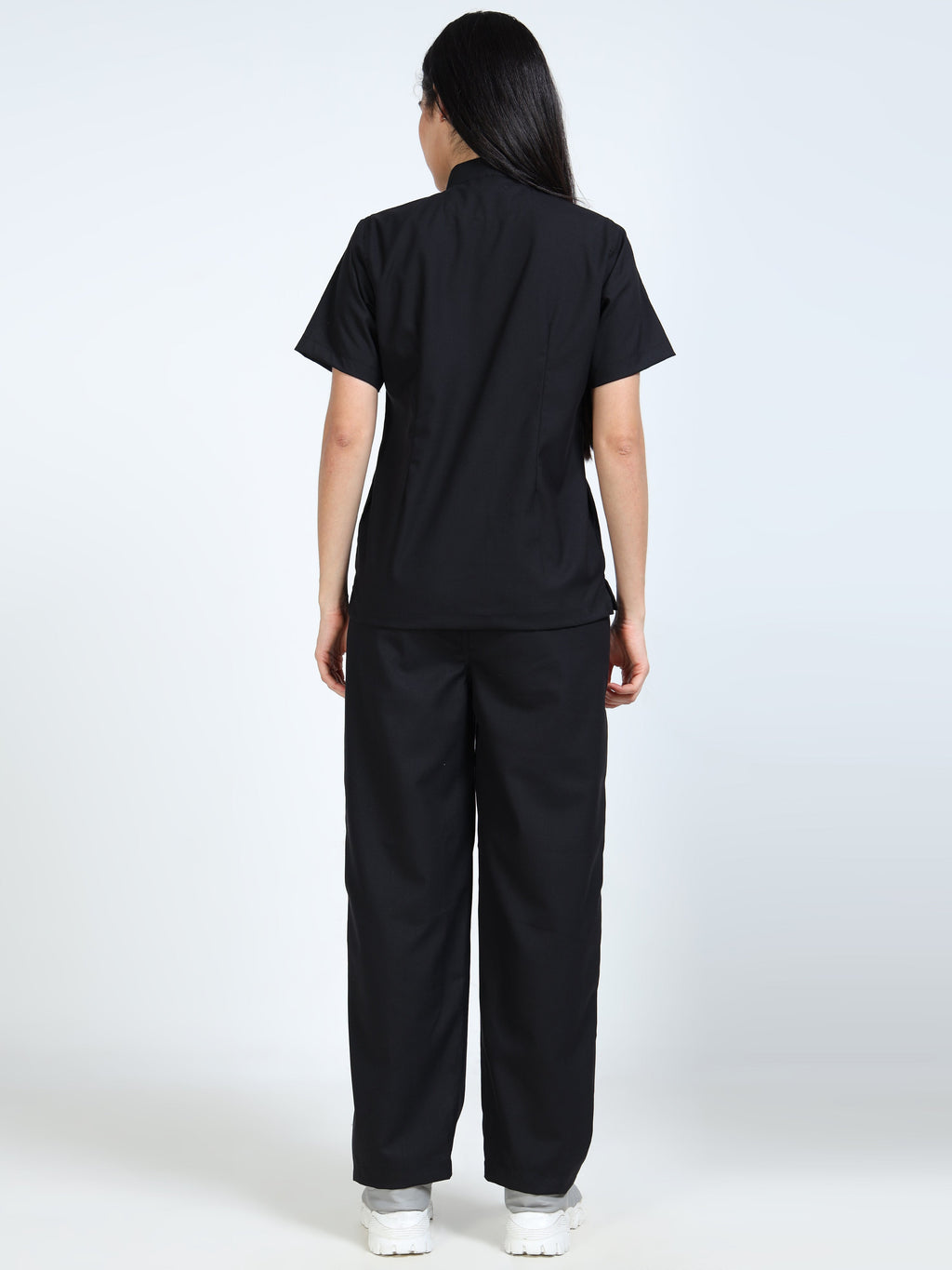 Women’s Black Knight Medical Scrub Set – Mandarin Collar (Chinese Collar) Top & Straight Pants | 2-Way Stretch, Antibacterial & Durable Fabric – Apollo