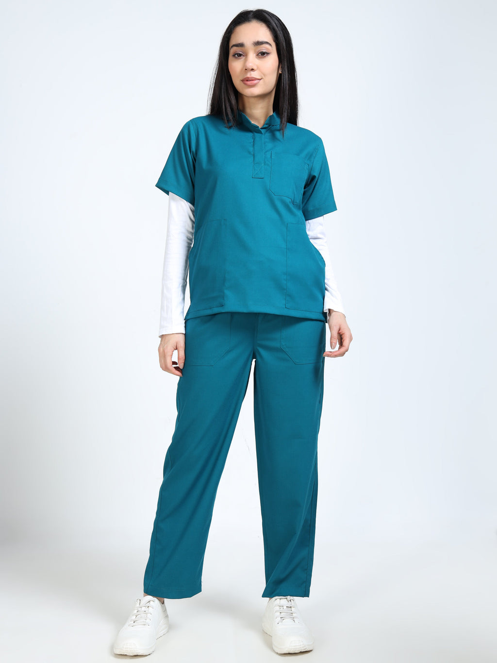 Women’s Emerald Green Medical Scrub Set – Mandarin Collar (Chinese Collar) Top & Straight Pants | Twill Fabric, Breathable & Antibacterial – Eco Flex