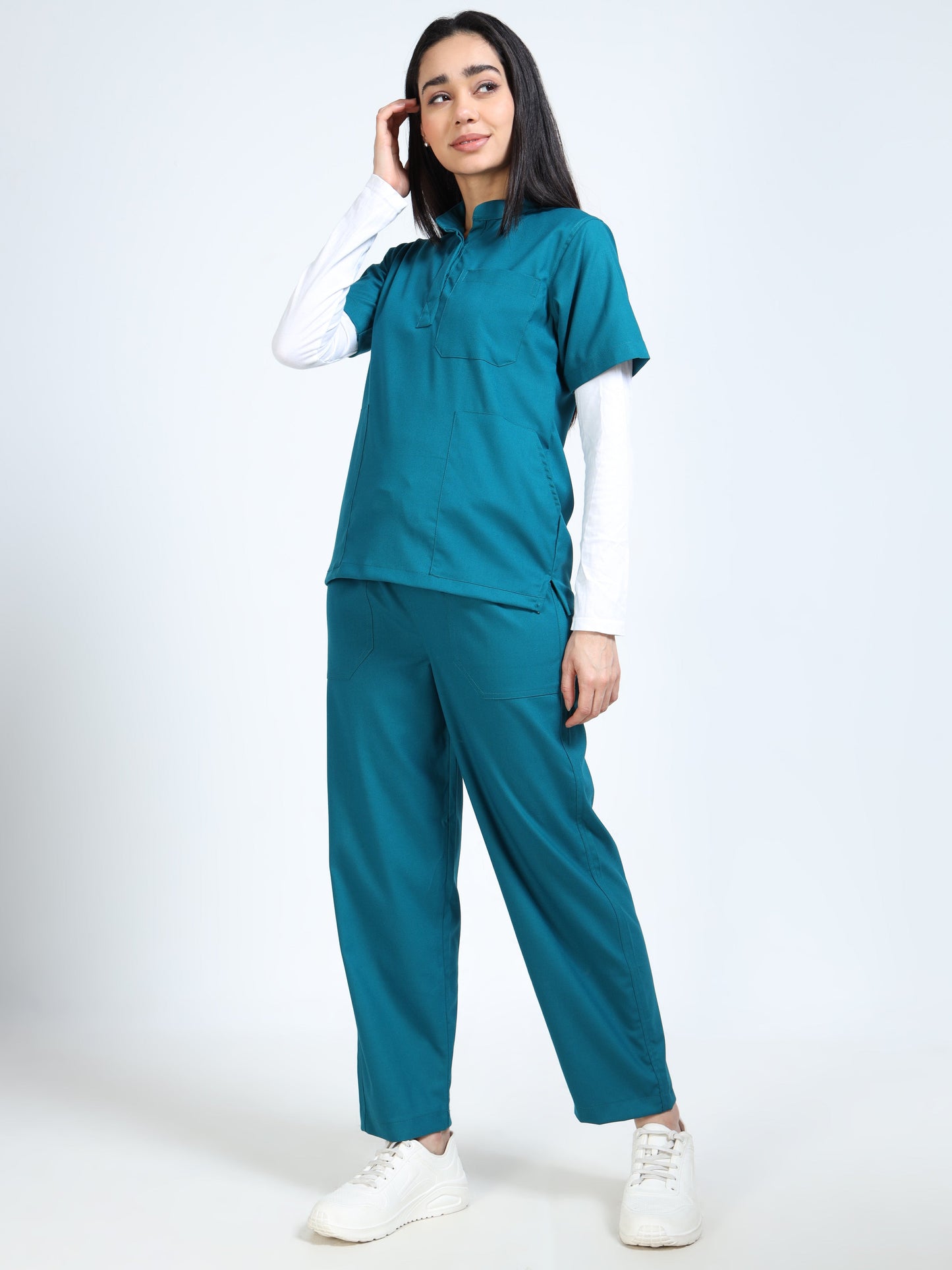 Women’s Emerald Green Medical Scrub Set – Mandarin Collar (Chinese Collar) Top & Straight Pants | 2-Way Stretch, Breathable & Antibacterial – Apollo