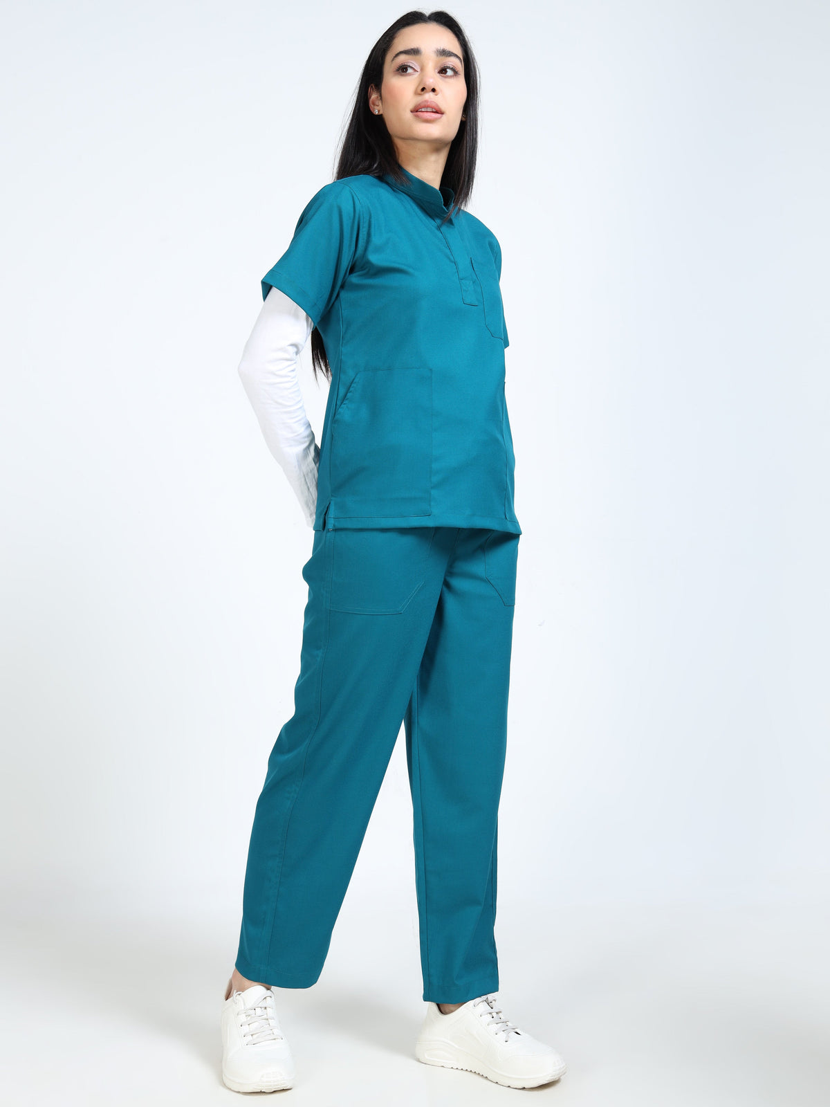 Women’s Emerald Green Medical Scrub Set – Mandarin Collar (Chinese Collar) Top & Straight Pants | Twill Fabric, Breathable & Antibacterial – Eco Flex