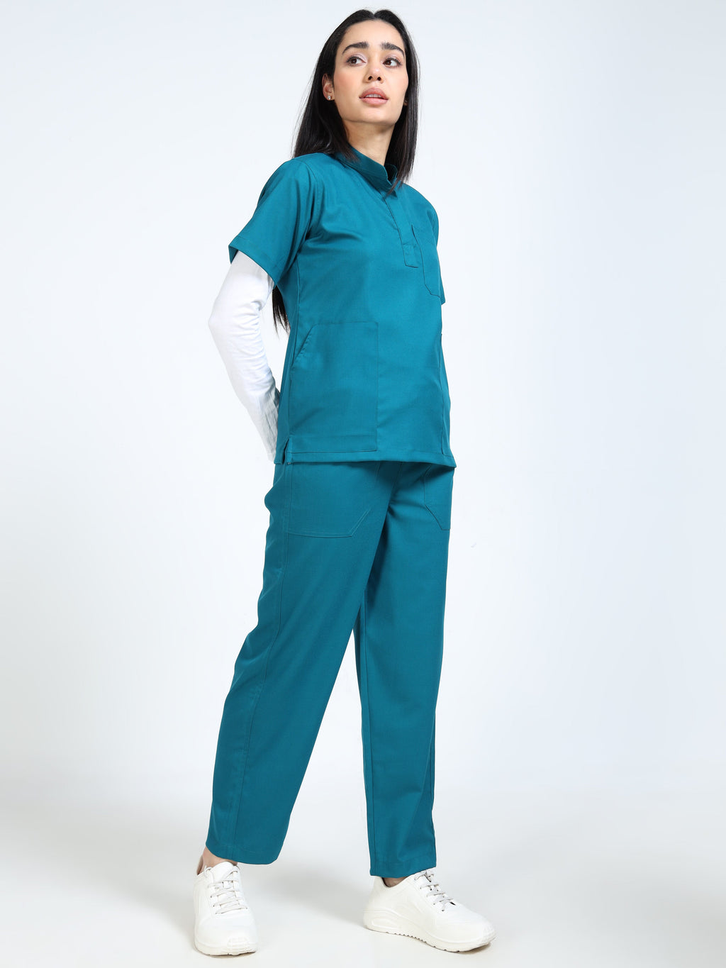 Women’s Emerald Green Medical Scrub Set – Mandarin Collar (Chinese Collar) Top & Straight Pants | Twill Fabric, Breathable & Antibacterial – Eco Flex