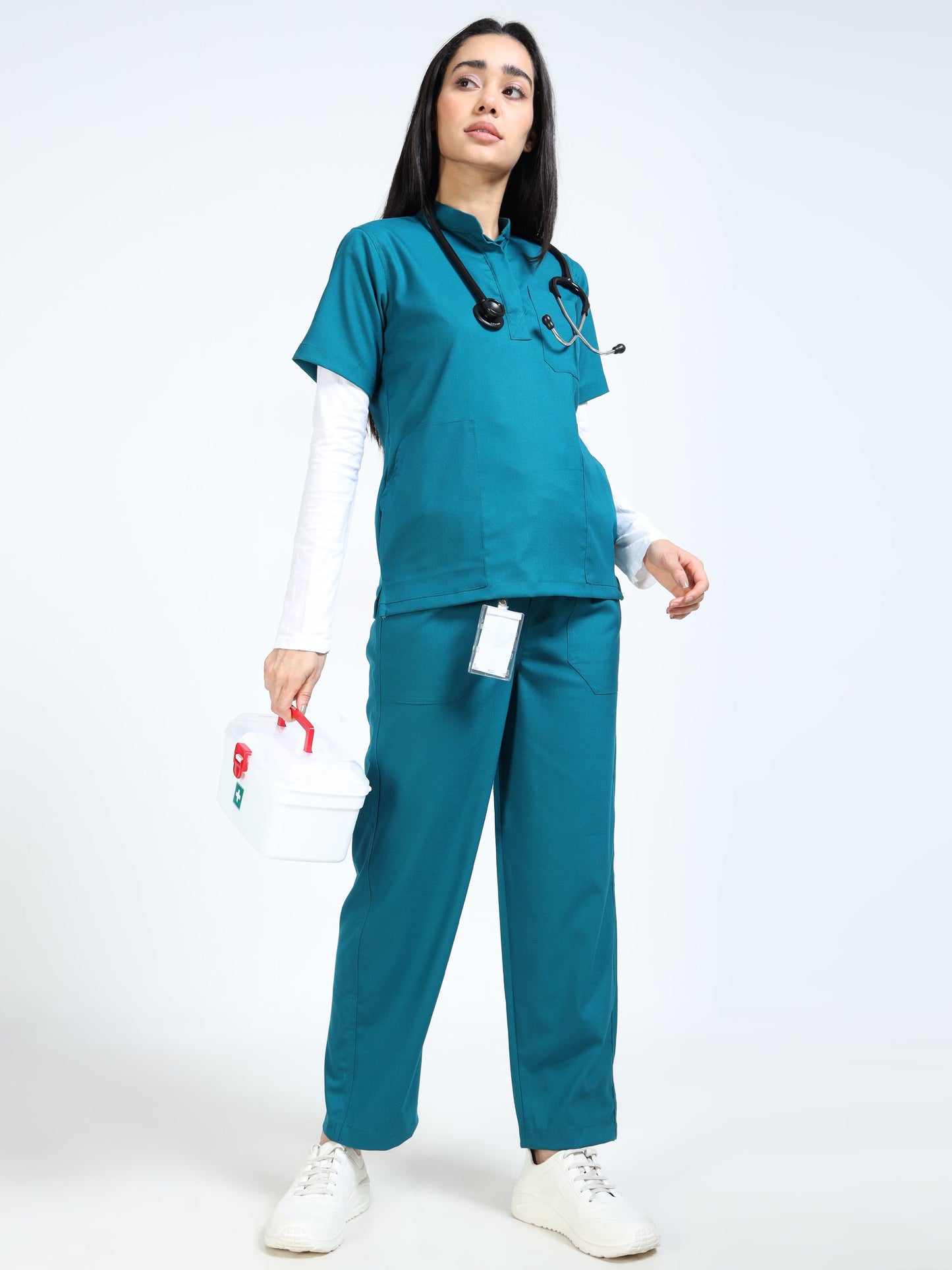 Women’s Emerald Green Medical Scrub Set – Mandarin Collar (Chinese Collar) Top & Straight Pants | 2-Way Stretch, Breathable & Antibacterial – Apollo