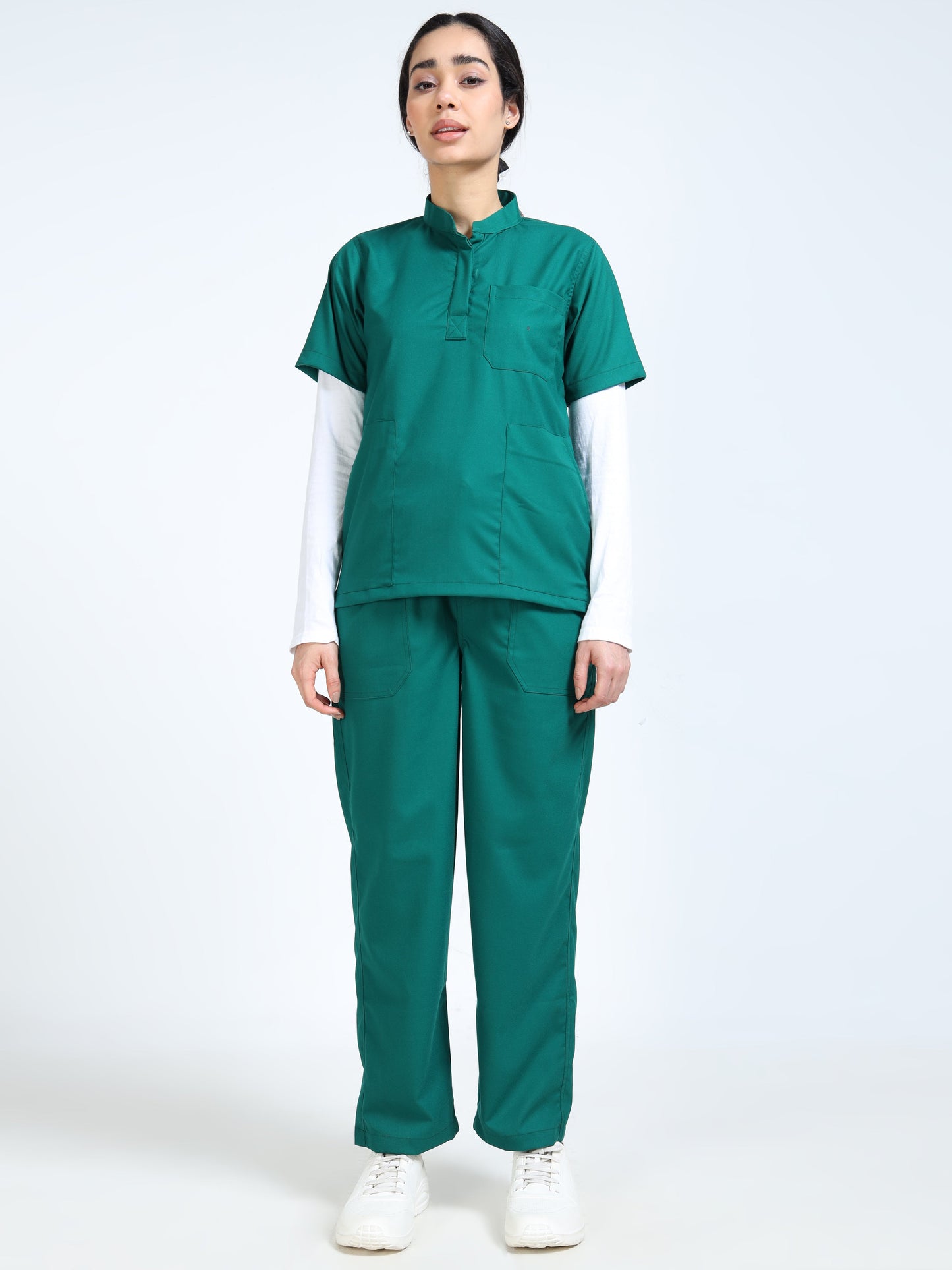 Women’s Forest Green Medical Scrub Set – Mandarin Collar (Chinese Collar) Top & Straight Pants | Twill Fabric, Antibacterial & Durable – Eco Flex