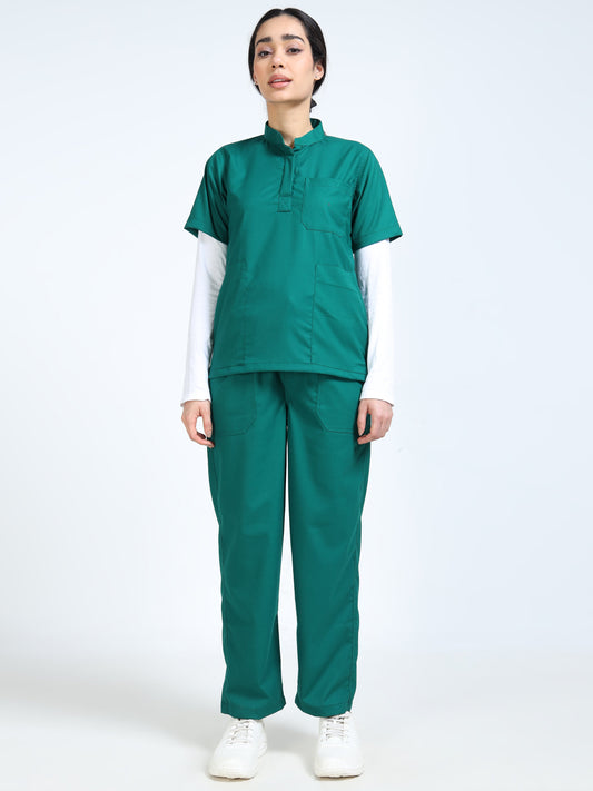 Women’s Forest Green Medical Scrub Set – Mandarin Collar (Chinese Collar) Top & Straight Pants | Twill Fabric, Antibacterial & Durable – Eco Flex