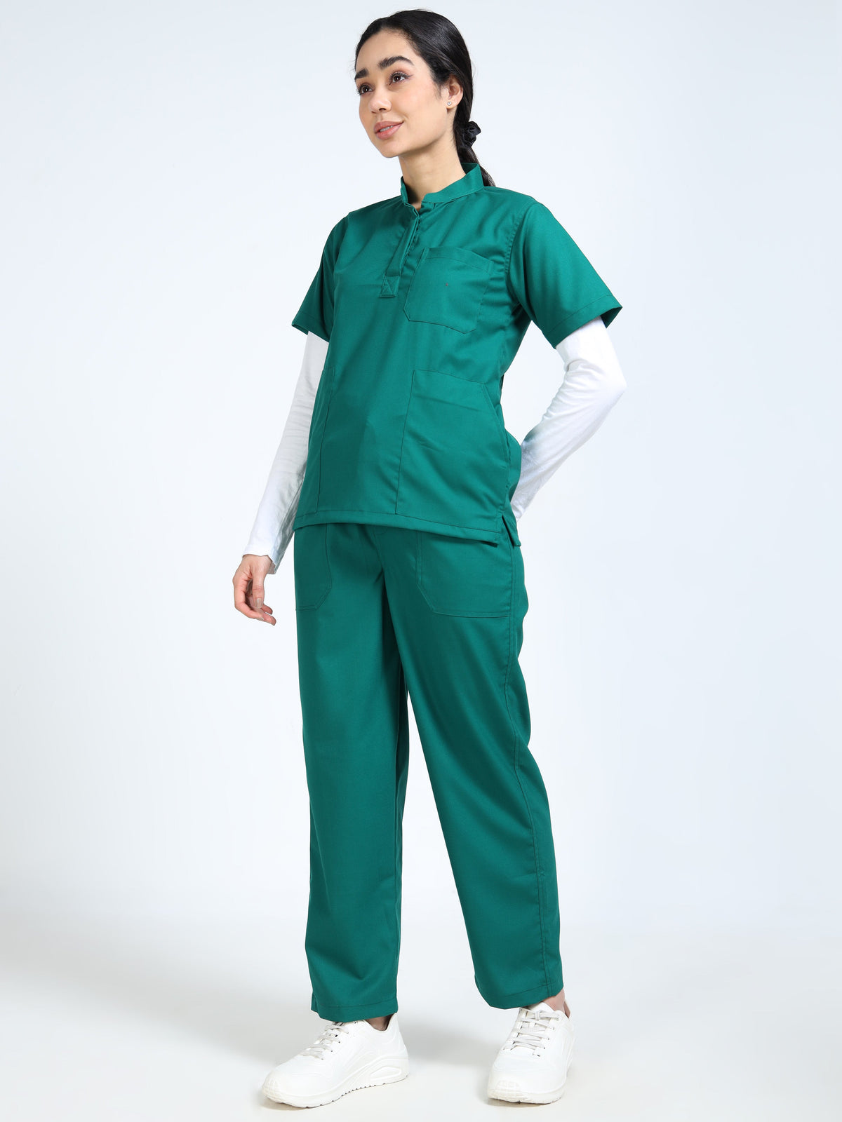 Women’s Forest Green Medical Scrub Set – Mandarin Collar (Chinese Collar) Top & Straight Pants | Twill Fabric, Antibacterial & Durable – Eco Flex
