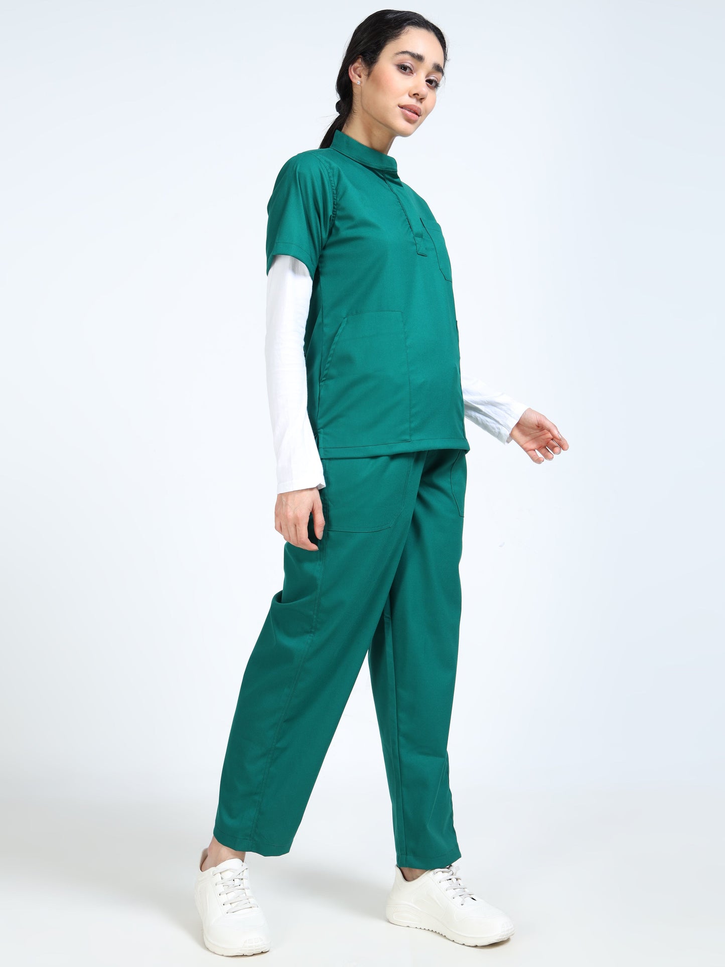 Women’s Forest Green Medical Scrub Set – Mandarin Collar (Chinese Collar) Top & Straight Pants | 2-Way Stretch, Antibacterial & Durable Fabric – Apollo