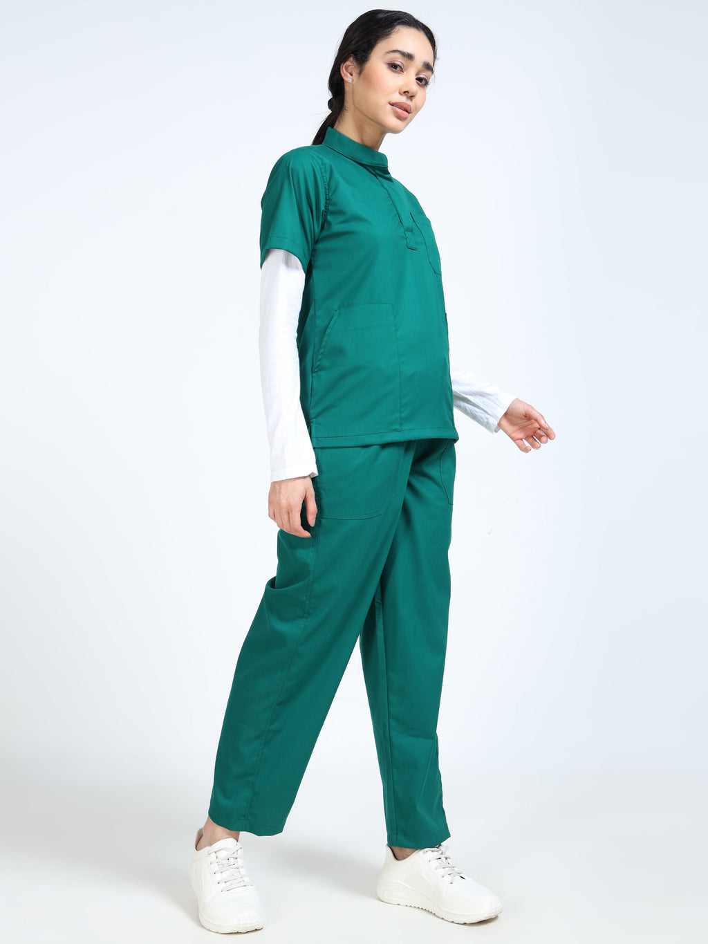 Women’s Forest Green Medical Scrub Set – Mandarin Collar (Chinese Collar) Top & Straight Pants | Twill Fabric, Antibacterial & Durable – Eco Flex