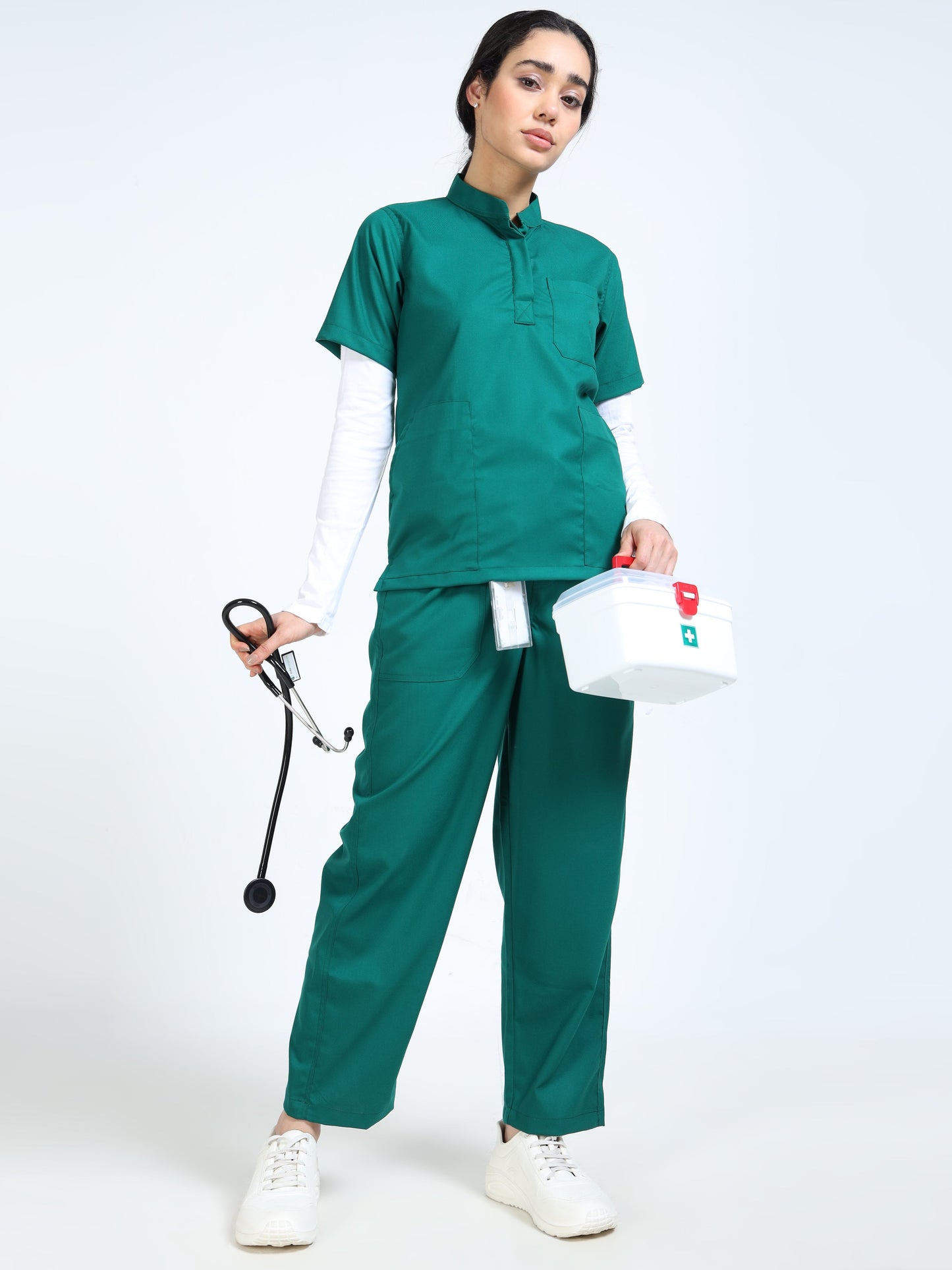 Women’s Forest Green Medical Scrub Set – Mandarin Collar (Chinese Collar) Top & Straight Pants | 2-Way Stretch, Antibacterial & Durable Fabric – Apollo