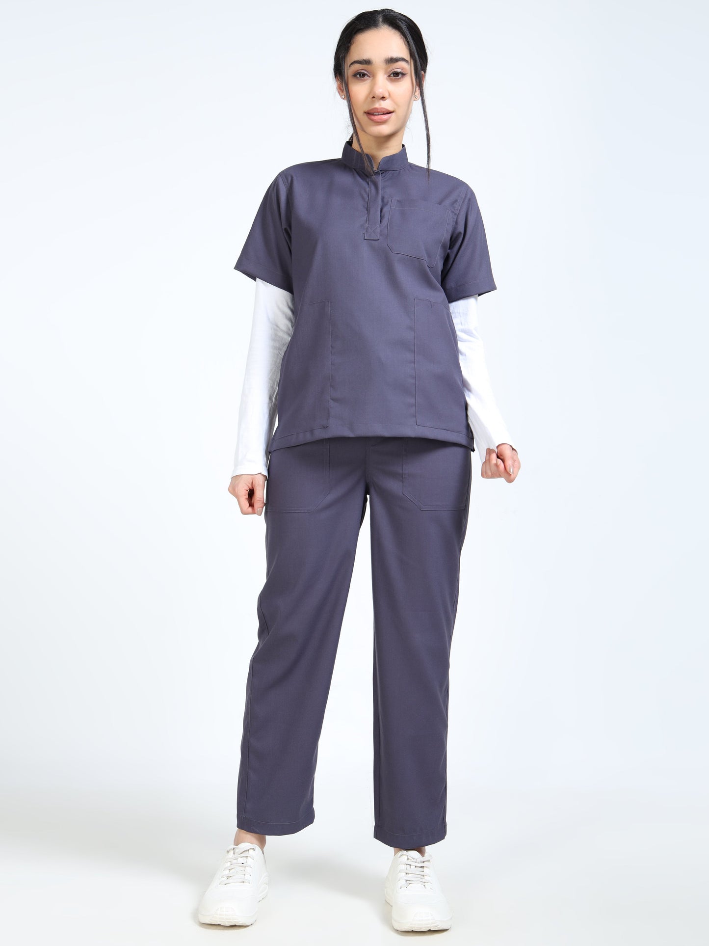 Women’s Heather Grey Medical Scrub Set – Mandarin Collar (Chinese Collar) Top & Straight Pants | 2-Way Stretch, Antibacterial & Easy-Care – Apollo