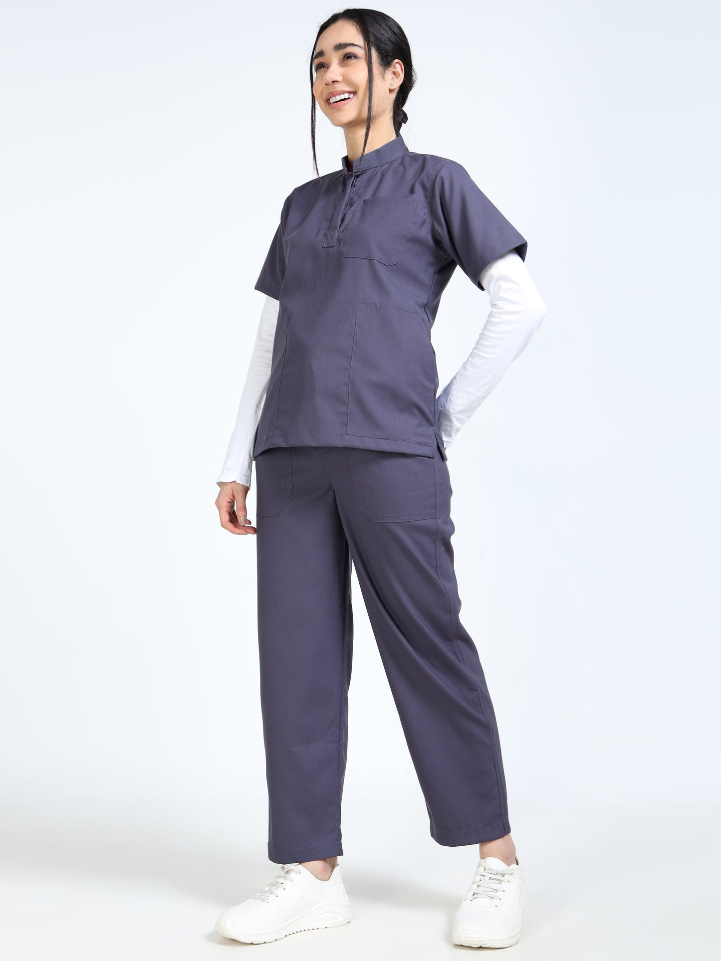 Women’s Heather Grey Medical Scrub Set – Mandarin Collar (Chinese Collar) Top & Straight Pants | 2-Way Stretch, Antibacterial & Easy-Care – Apollo