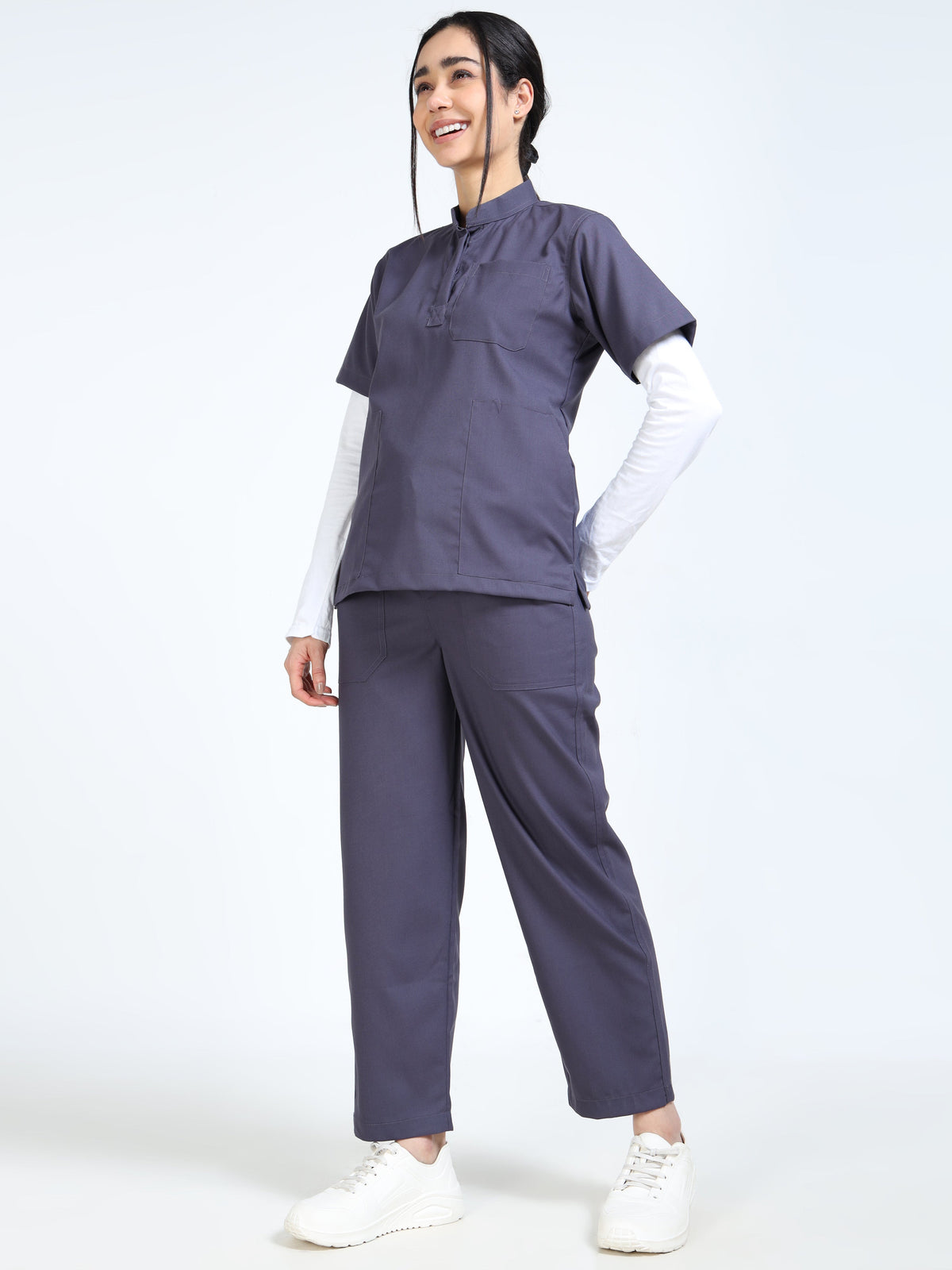 Women’s Heather Grey Medical Scrub Set – Mandarin Collar (Chinese Collar) Top & Straight Pants | Twill Fabric, Antibacterial & Easy-Care – Eco Flex