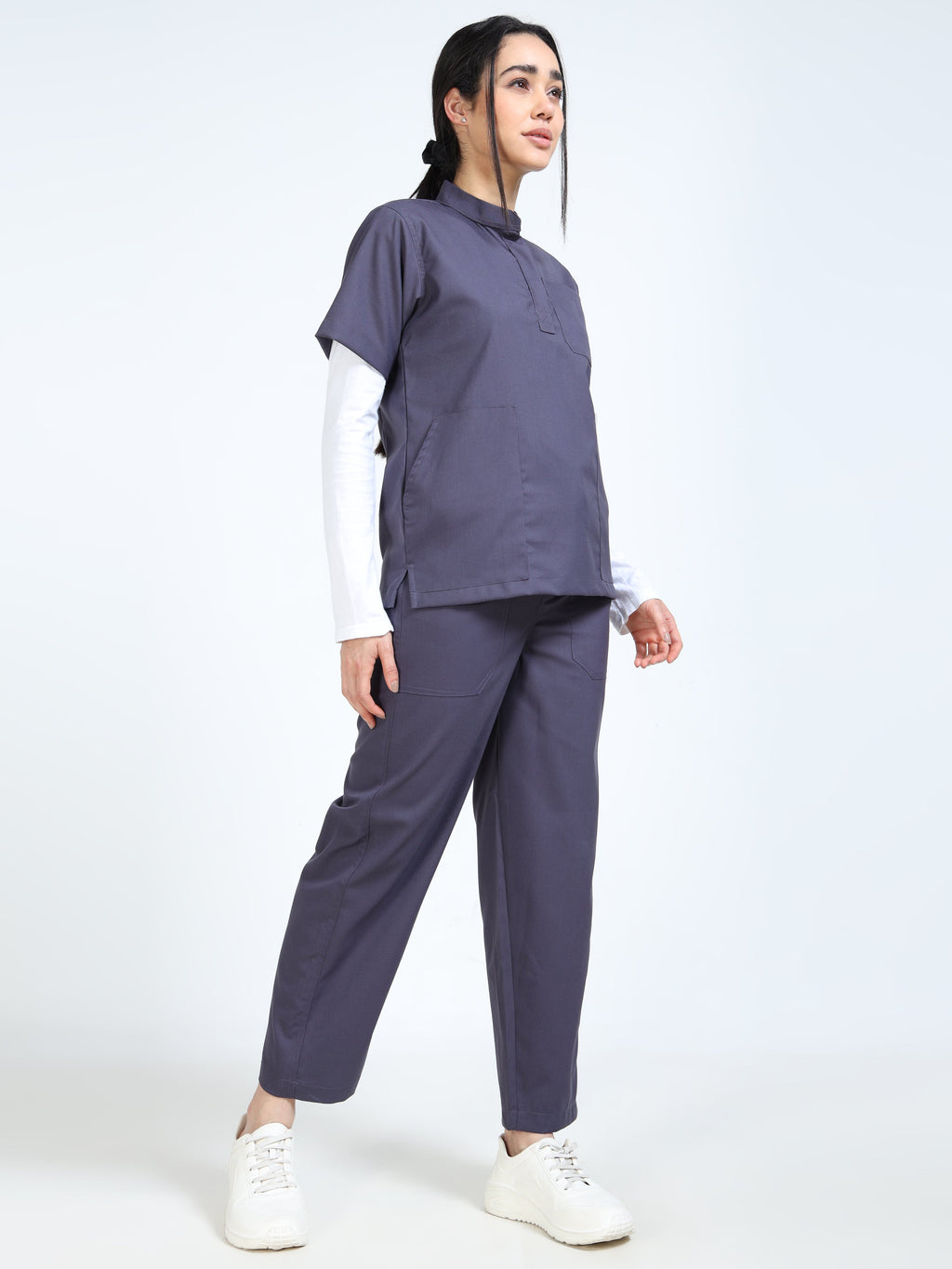 Women’s Heather Grey Medical Scrub Set – Mandarin Collar (Chinese Collar) Top & Straight Pants | Twill Fabric, Antibacterial & Easy-Care – Eco Flex