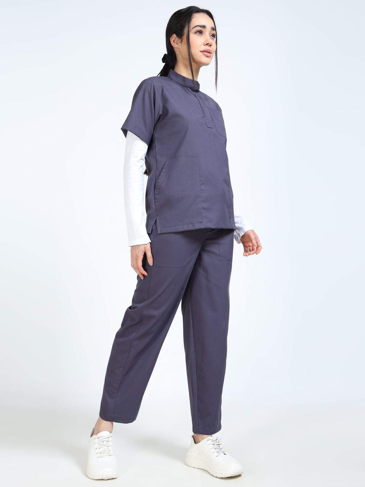 Women’s Heather Grey Medical Scrub Set – Mandarin Collar (Chinese Collar) Top & Straight Pants | Twill Fabric, Antibacterial & Easy-Care – Eco Flex