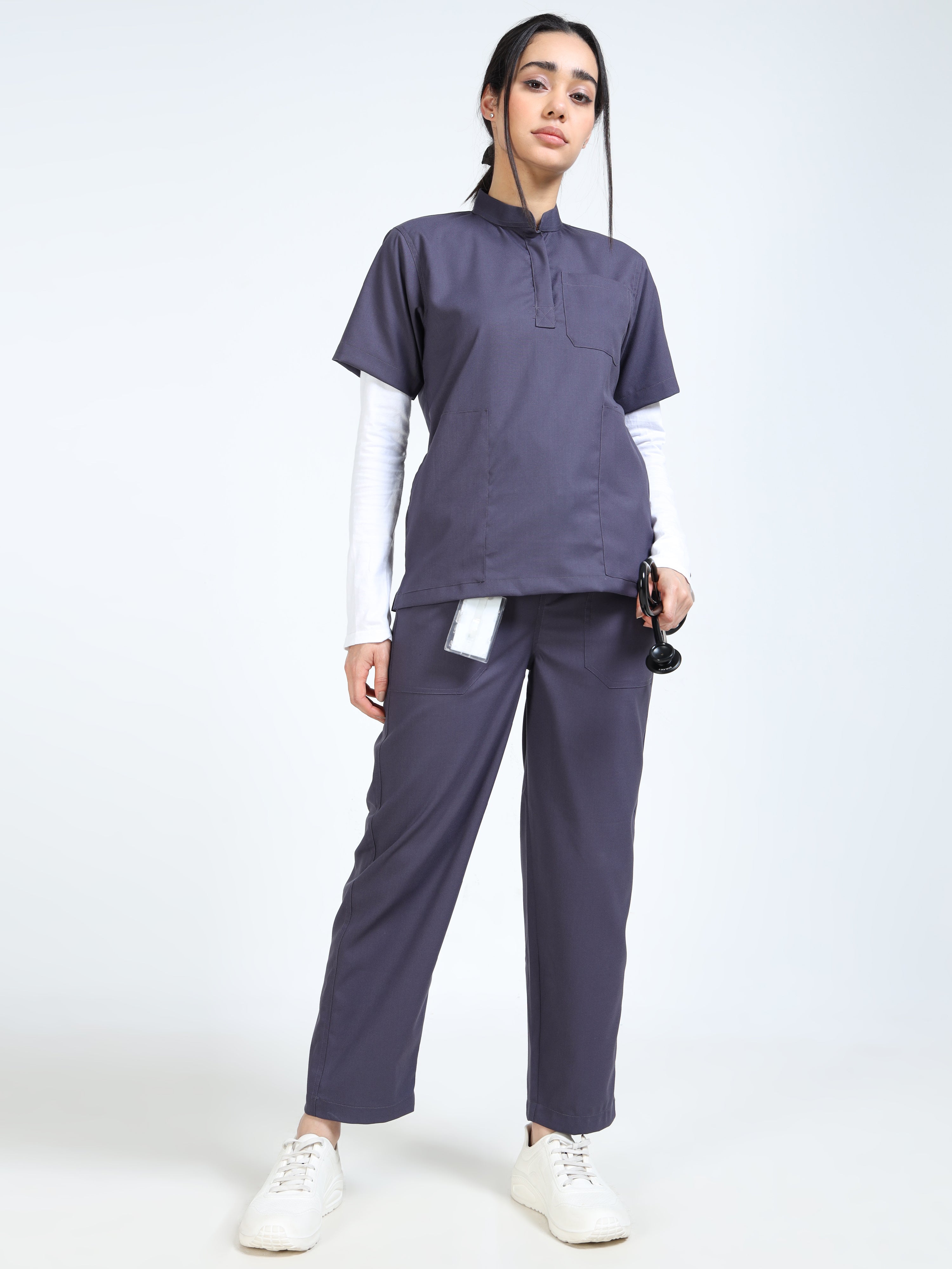 Women’s Heather Grey Medical Scrub Set – Mandarin Collar (Chinese Collar) Top & Straight Pants | 2-Way Stretch, Antibacterial & Easy-Care – Apollo