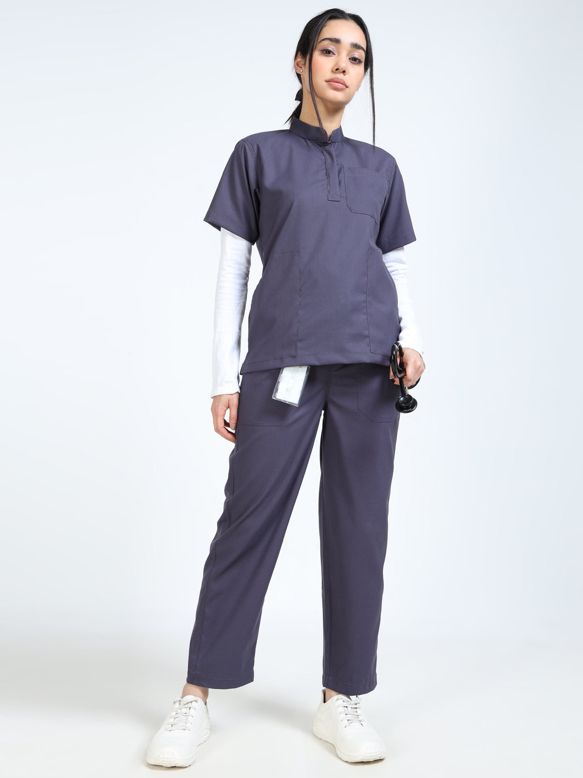 Women’s Heather Grey Medical Scrub Set – Mandarin Collar (Chinese Collar) Top & Straight Pants | Twill Fabric, Antibacterial & Easy-Care – Eco Flex