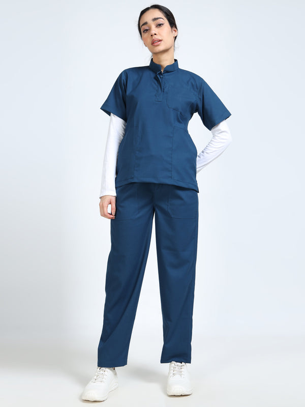 Women’s Galaxy Blue Medical Scrub Set – Mandarin Collar (Chinese Collar) Top & Straight Pants | Twill Fabric, Antibacterial & Wrinkle-Resistant – Eco Flex
