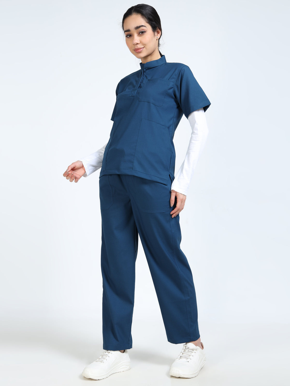 Women’s Galaxy Blue Medical Scrub Set – Mandarin Collar (Chinese Collar) Top & Straight Pants | Twill Fabric, Antibacterial & Wrinkle-Resistant – Eco Flex